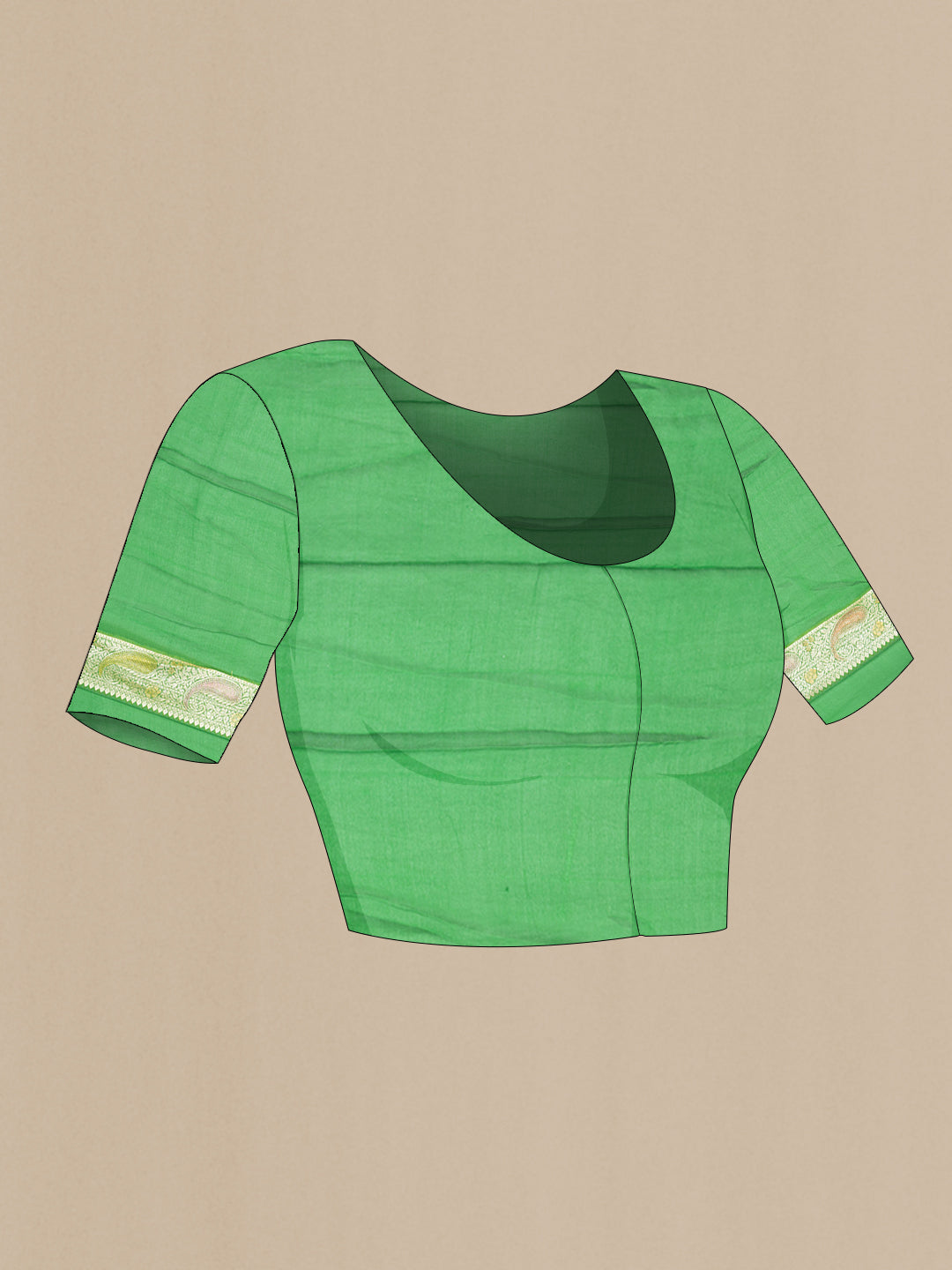 Close up image of the blouse of Parrot Green Dual Tone Mysore Georgette Saree with Zari Brocade on the body and Thread Border. 