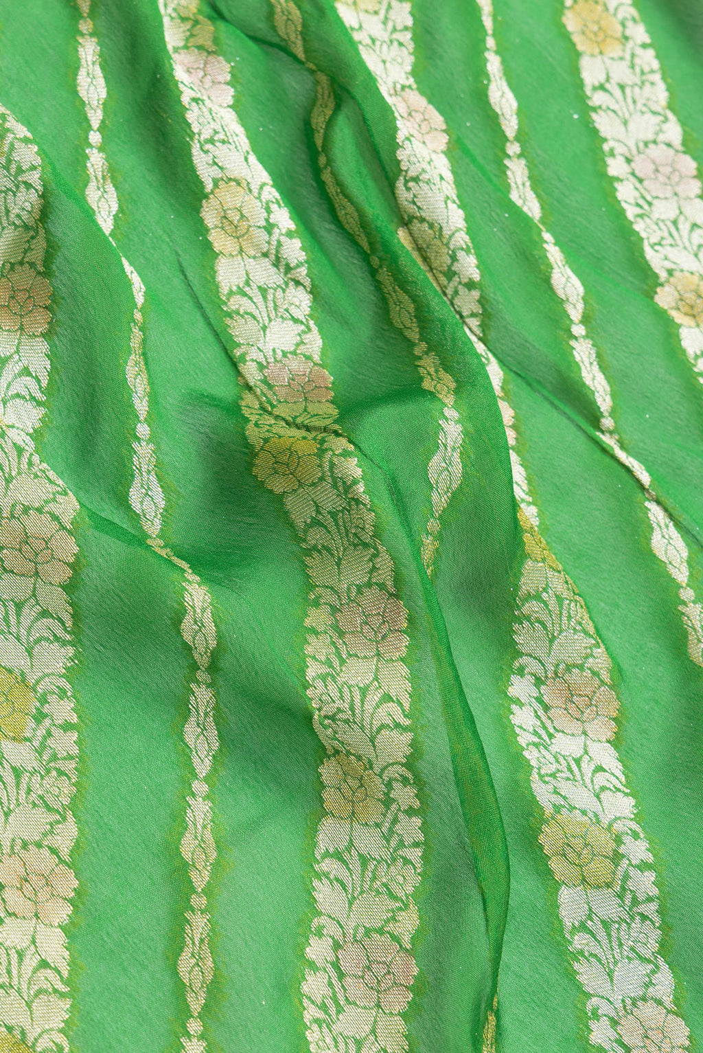 Close up of Parrot Green Dual Tone Mysore Georgette Saree with Zari Brocade on the body and Thread Border.  displaying folds