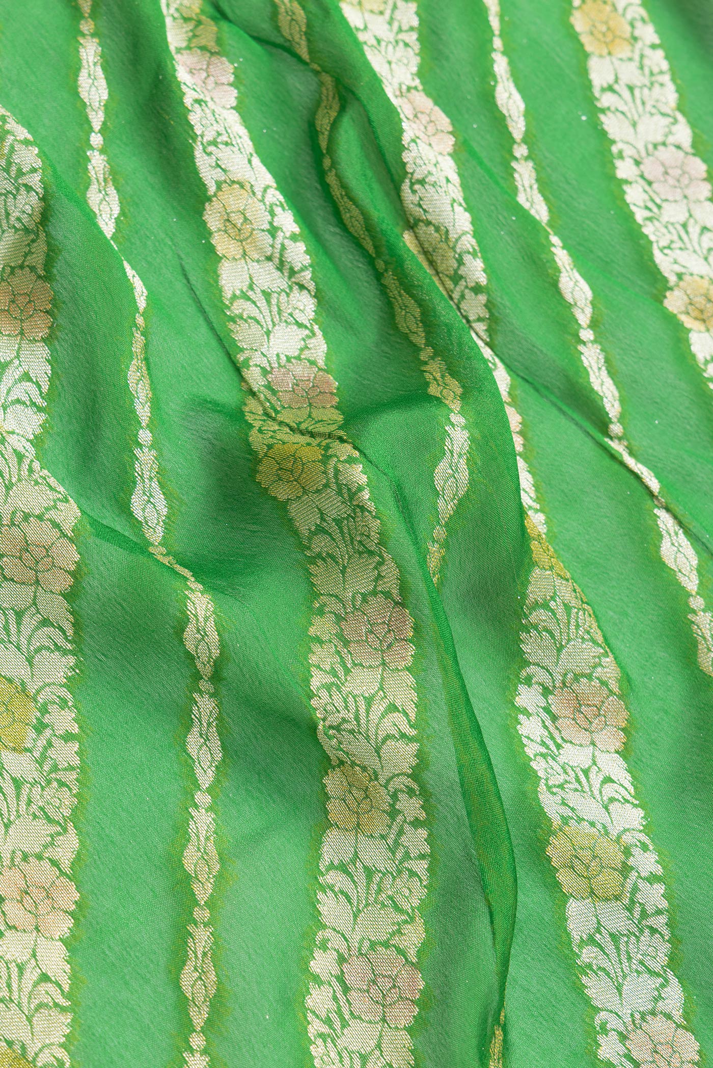 Close up of Parrot Green Dual Tone Mysore Georgette Saree with Zari Brocade on the body and Thread Border.  displaying folds