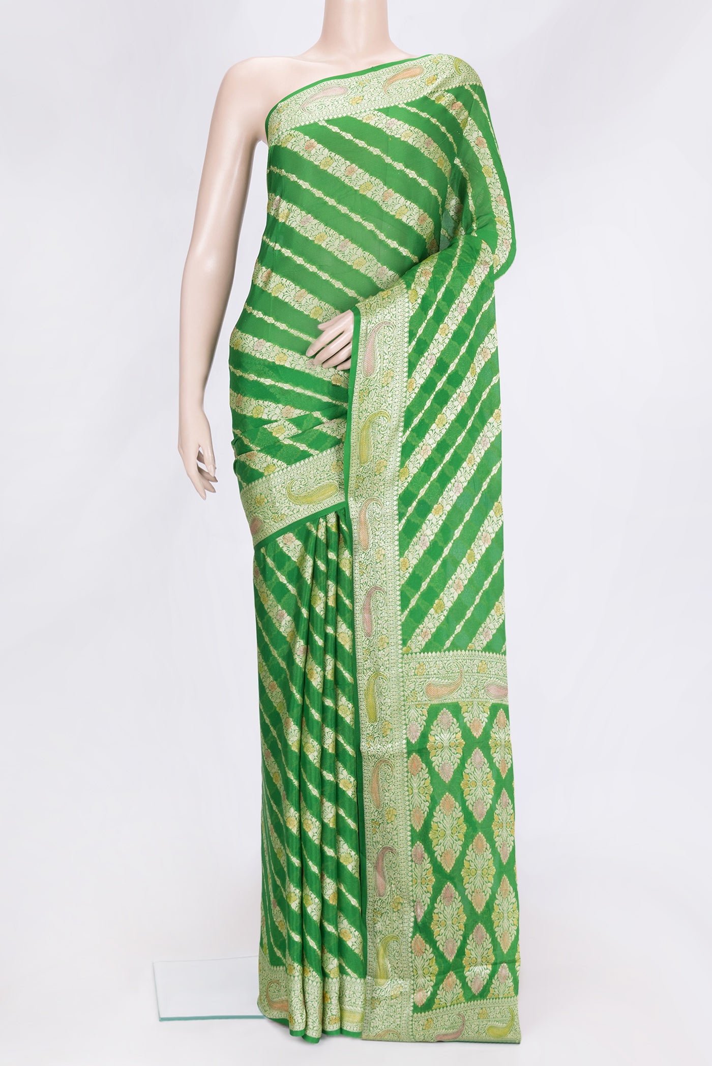 Parrot Green Dual Tone Mysore Georgette Saree with Zari Brocade on the body and Thread Border.  displayed on a mannequin