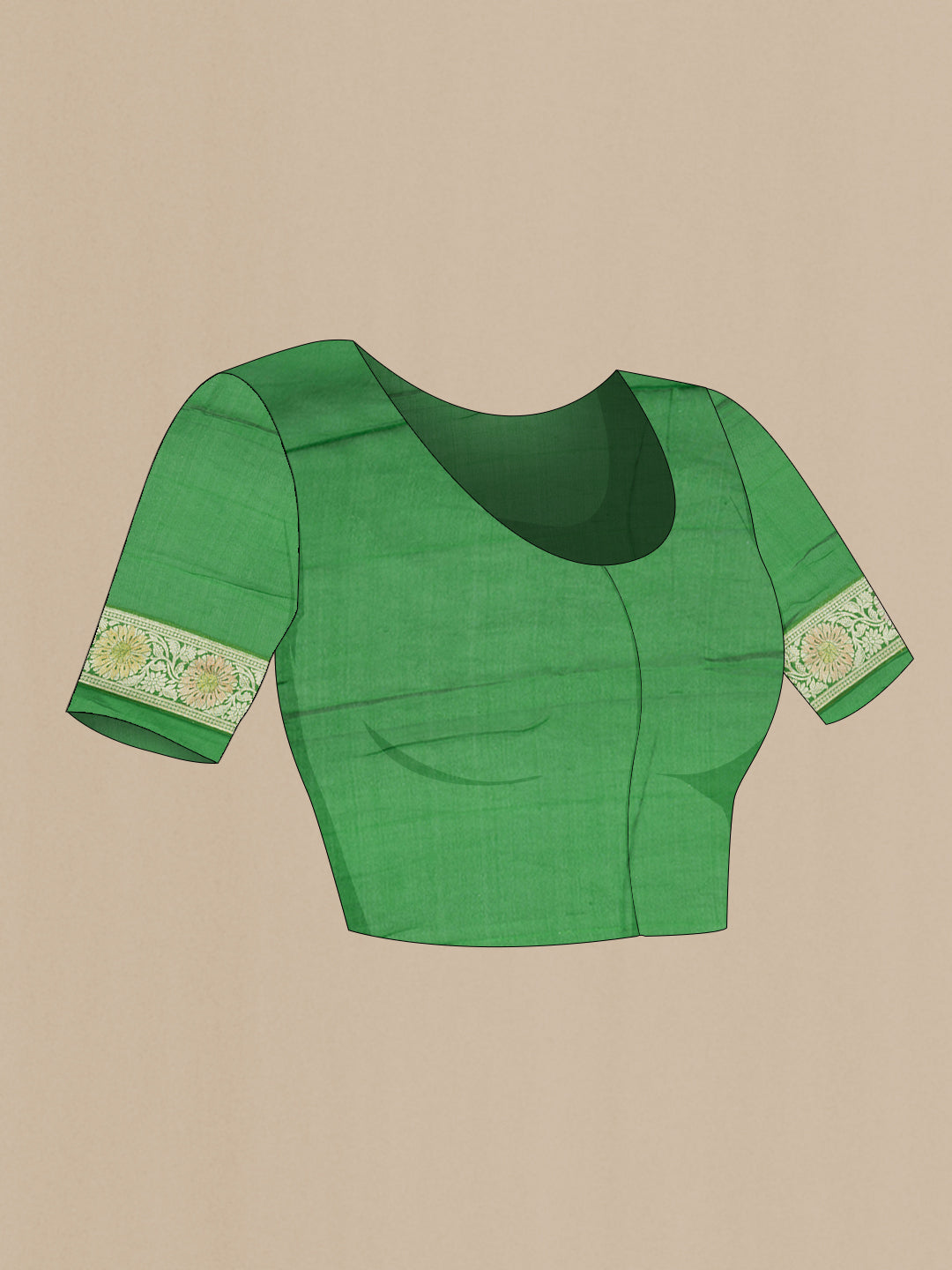 Close up image of the blouse of Parrot Green Dual Tone Mysore Georgette Saree with Zari Brocade on the body and Thread Border. 