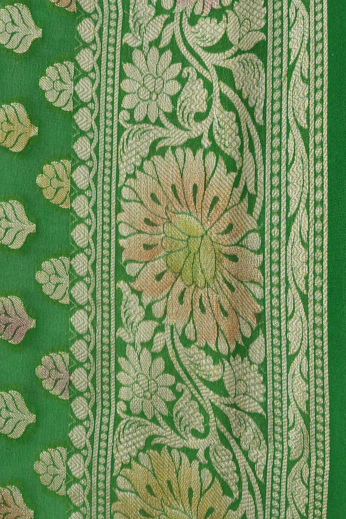 Border image of Parrot Green Dual Tone Mysore Georgette Saree with Zari Brocade on the body and Thread Border. 
