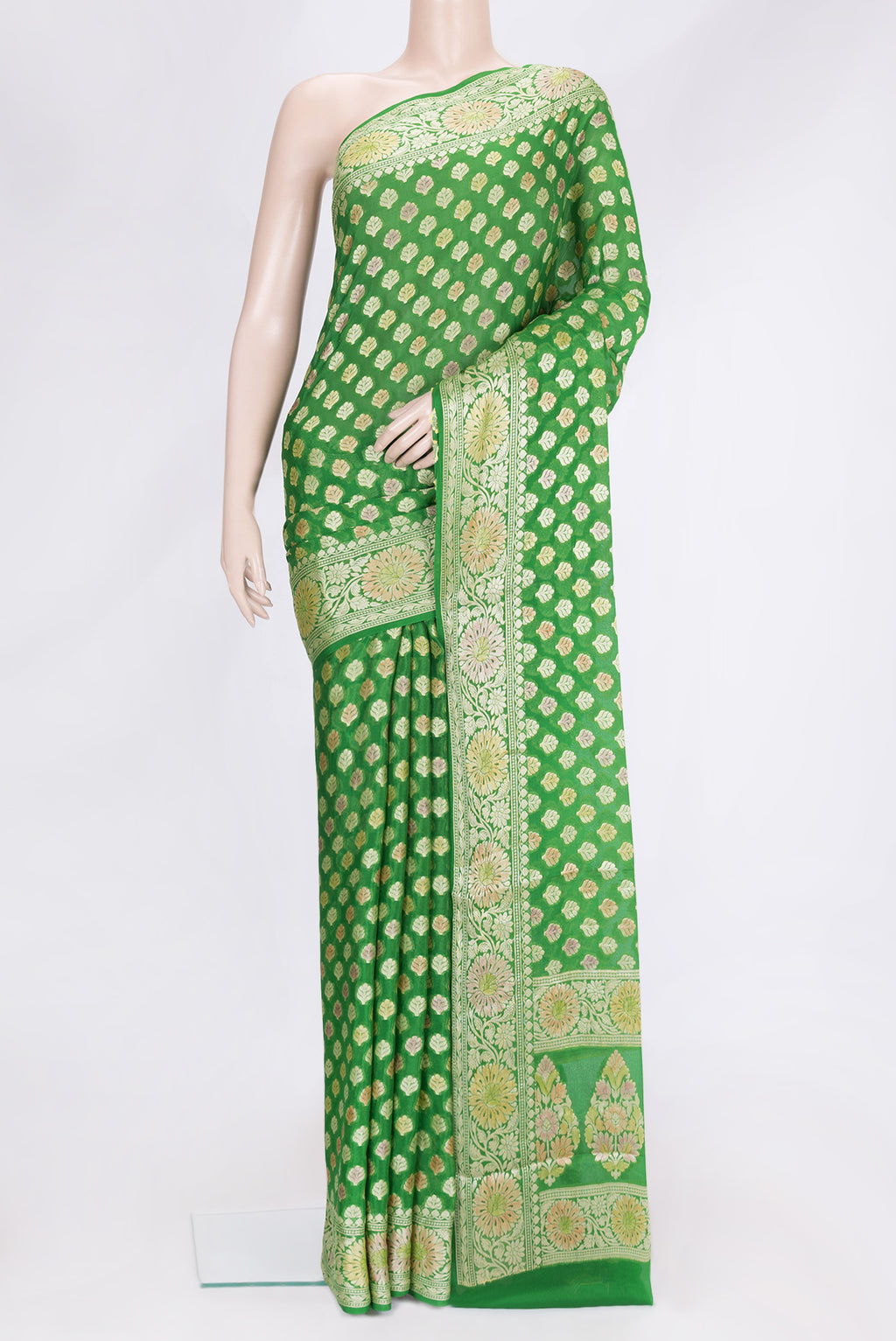 Parrot Green Dual Tone Mysore Georgette Saree with Zari Brocade on the body and Thread Border.  displayed on a mannequin
