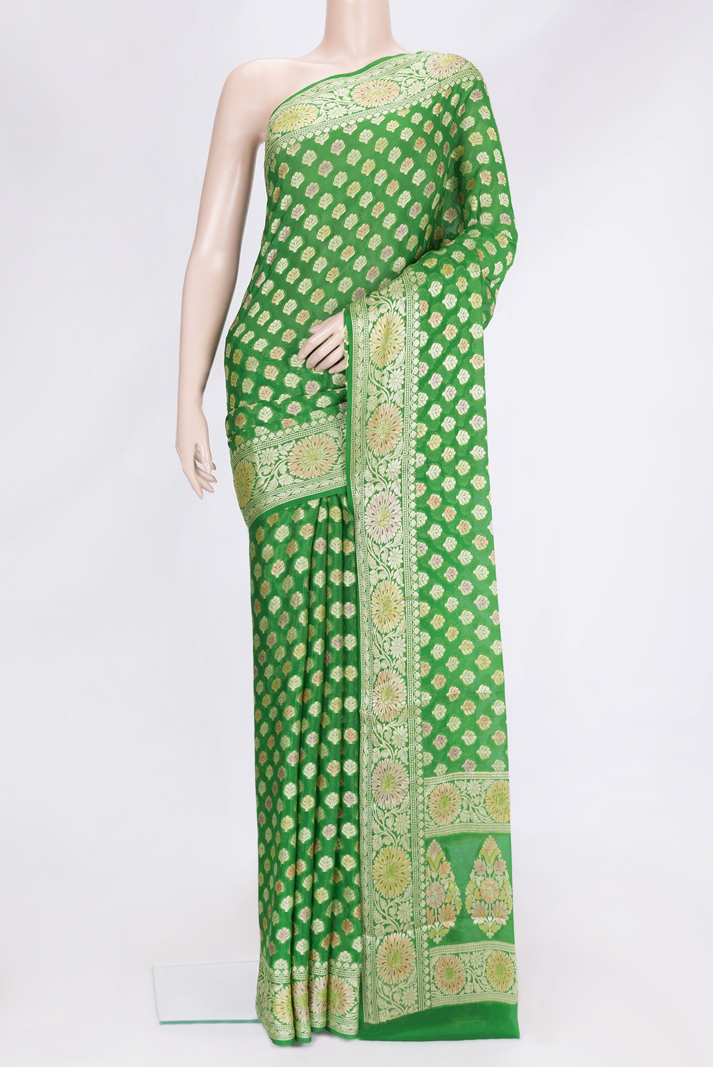 Parrot Green Dual Tone Mysore Georgette Saree with Zari Brocade on the body and Thread Border.  displayed on a mannequin