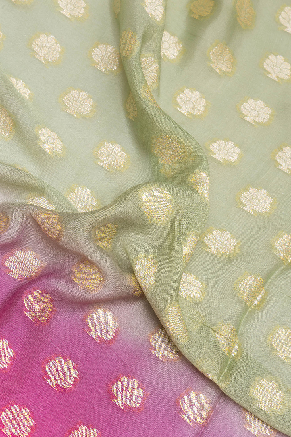 Close up of Pista Green Banarasi Georgette Saree with Zari Brocade on the body and Zari Border.  displaying folds