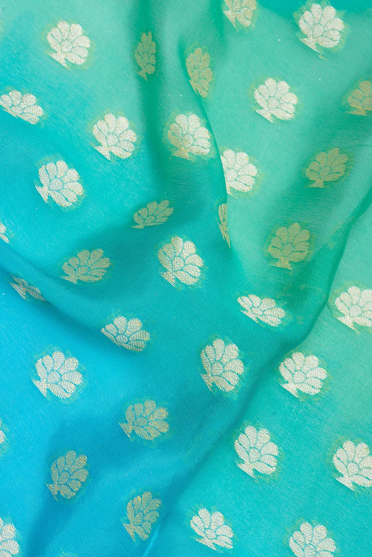 Close up of Sea Green Banarasi Georgette Saree with Zari Brocade on the body and Zari Border.  displaying folds