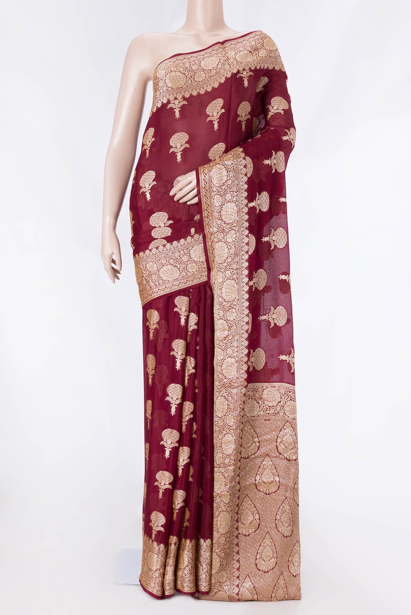 Maroon Dual Tone Georgette Saree with Zari Brocade on the body and Zari Border displayed on a mannequin
