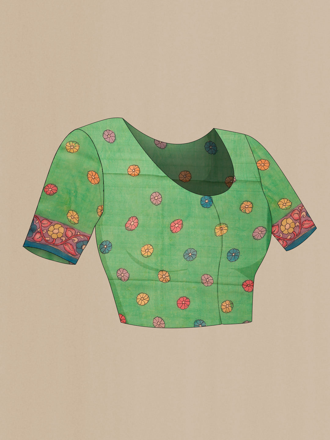 Close up image of the blouse of Peach Dual Tone Kanchipuram Silk Saree with kalamkari Print on the body and Fancy Border. 