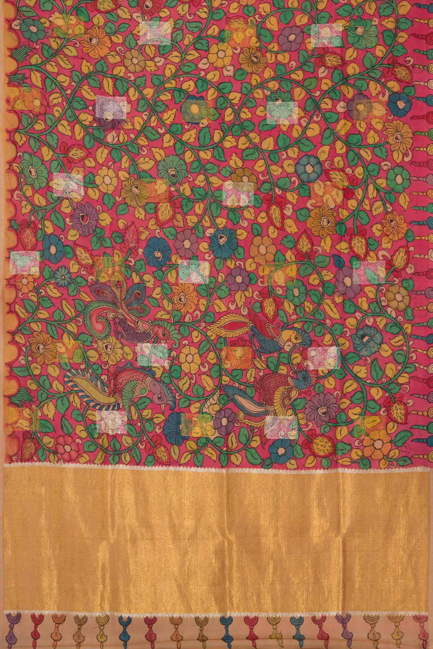 Flat view of Peach Dual Tone Kanchipuram Silk Saree with kalamkari Print on the body and Fancy Border. 