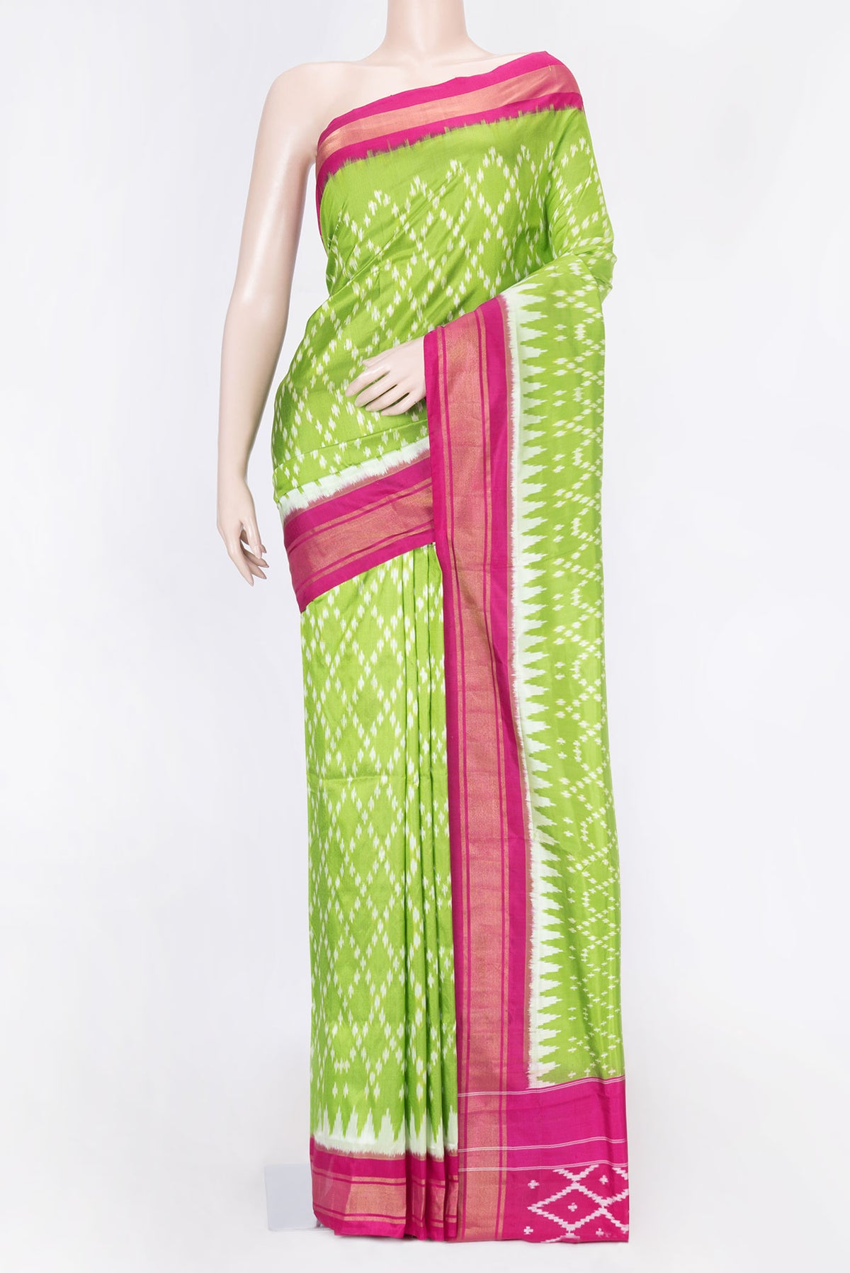 Parrot Green Dual Tone Double Ikat Saree with Ikat Print on the body and Zari Border displayed on a mannequin