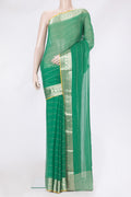 Green Mysore Chiffon Saree with Stripes on the body and Zari Border.  displayed on a mannequin