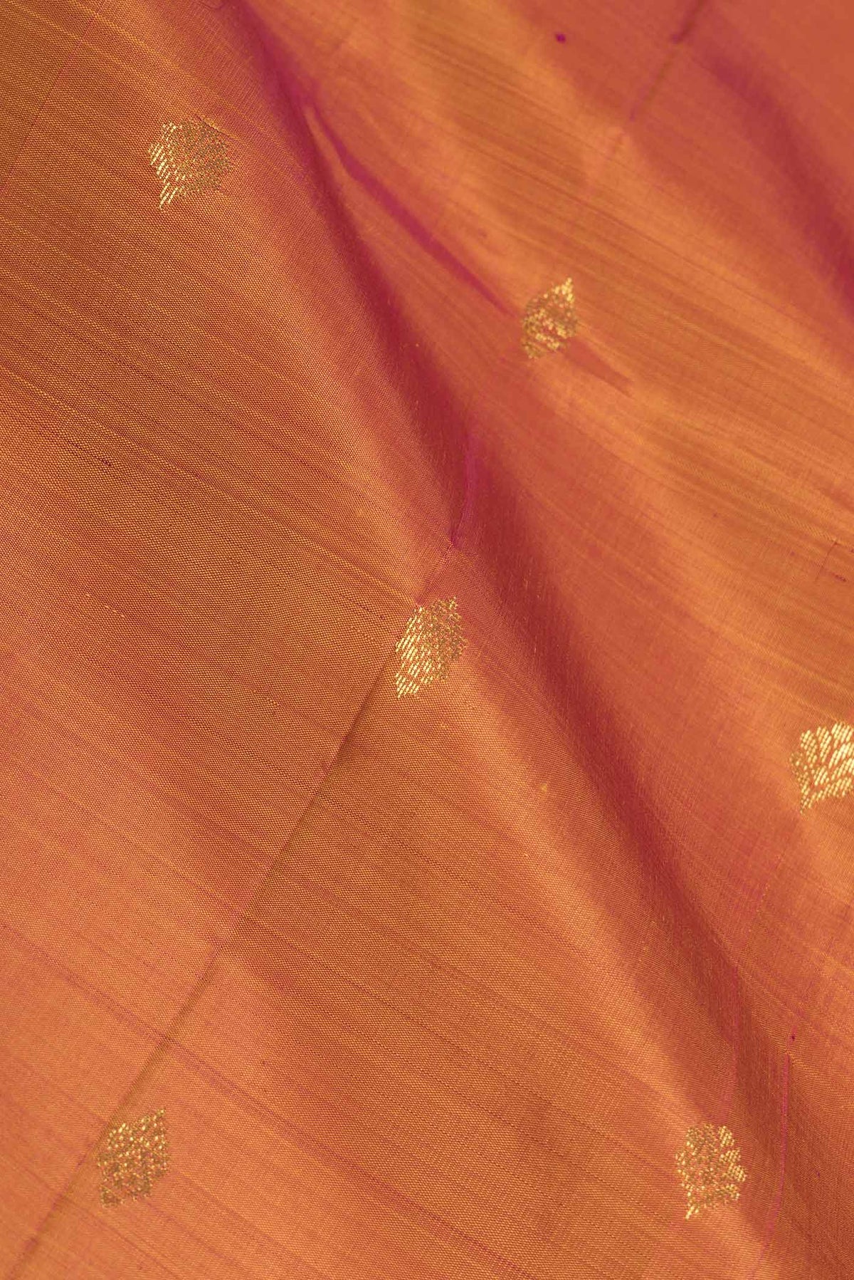 Close up of Mustard Dual Tone Kanchipuram Saree with Zari Butta on the body and Zari Border displaying folds