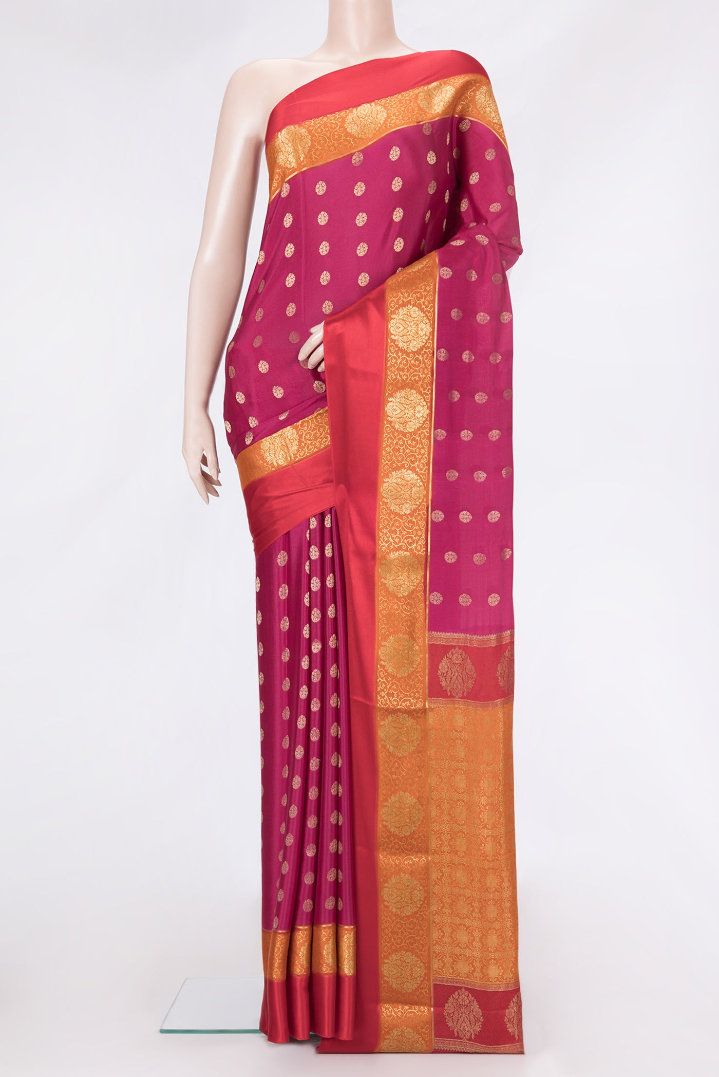 Black and Off White Color Mysore Georgette Saree with Embroidery on the body and Embroidery Border.  displayed on a mannequin