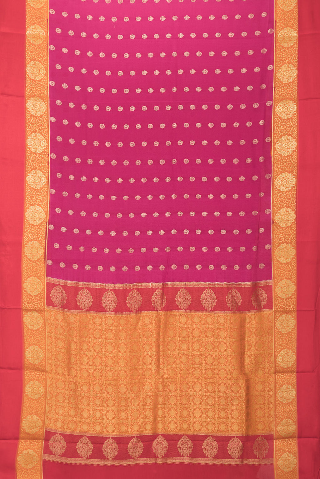 Flat view of Black and Off White Color Mysore Georgette Saree with Embroidery on the body and Embroidery Border. 
