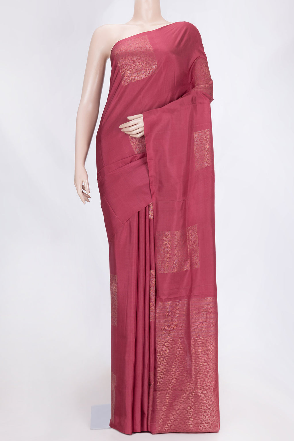 Pink Dual Tone Soft Silk Saree with Zari Butta on the body and Without Border.  displayed on a mannequin