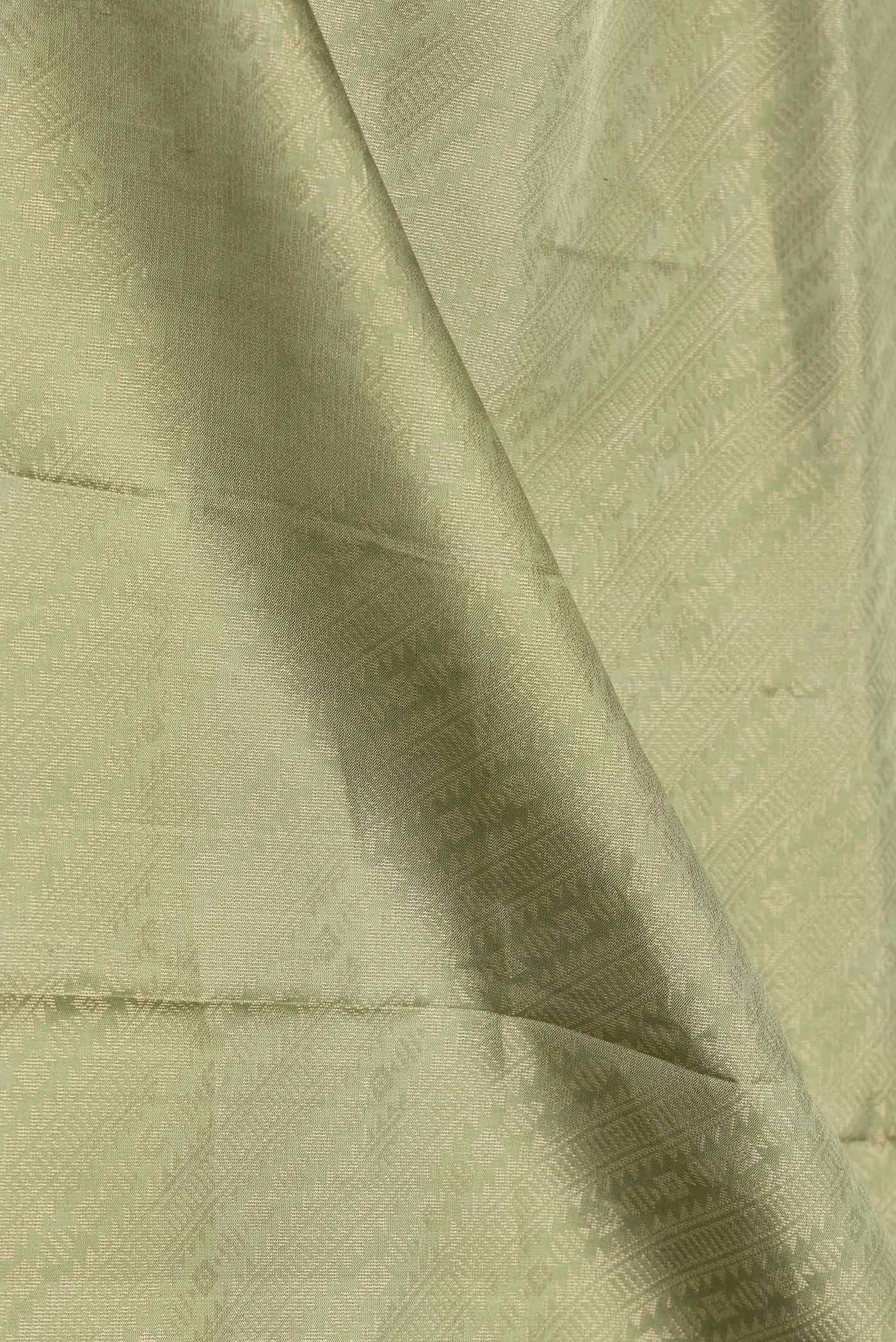 Close up of Pista Green Dual Tone Soft Silk Saree with Zari Brocade on the body and Zari Border.  displaying folds