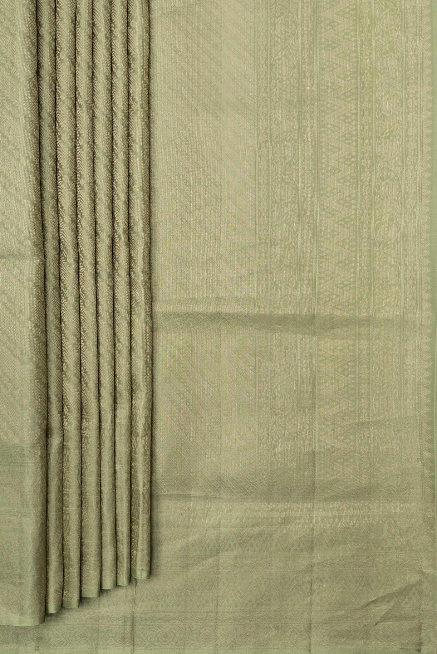 Pleats and pallu of Pista Green Dual Tone Soft Silk Saree with Zari Brocade on the body and Zari Border. 