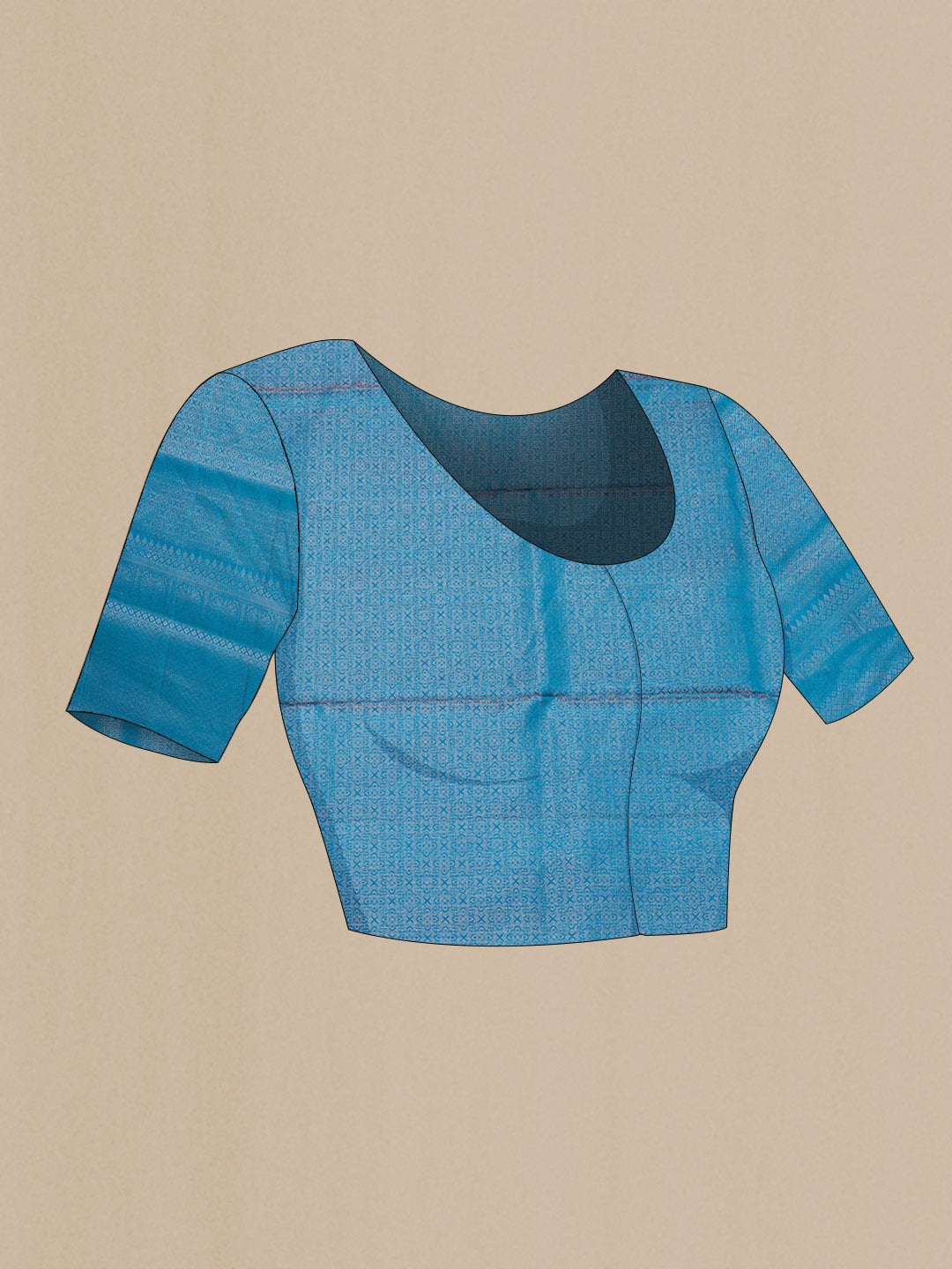 Close up image of the blouse of Peacock Blue Dual Tone Soft Silk Saree with Zari Brocade on the body and Zari Border. 