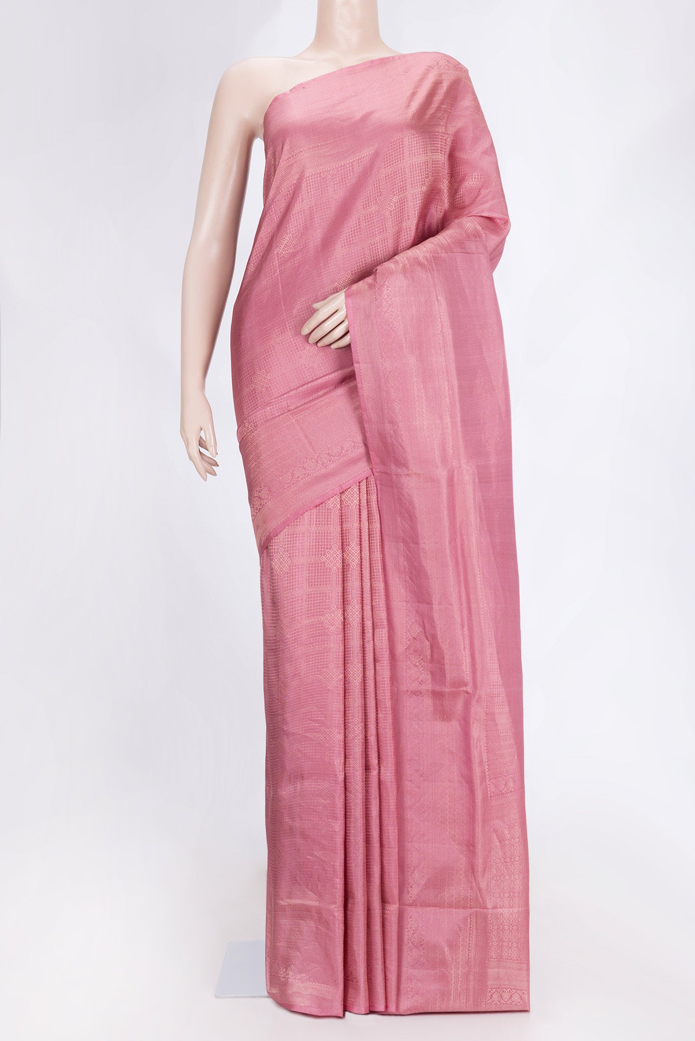 Pink Dual Tone Soft Silk Saree with Zari Brocade on the body and Zari Border.  displayed on a mannequin