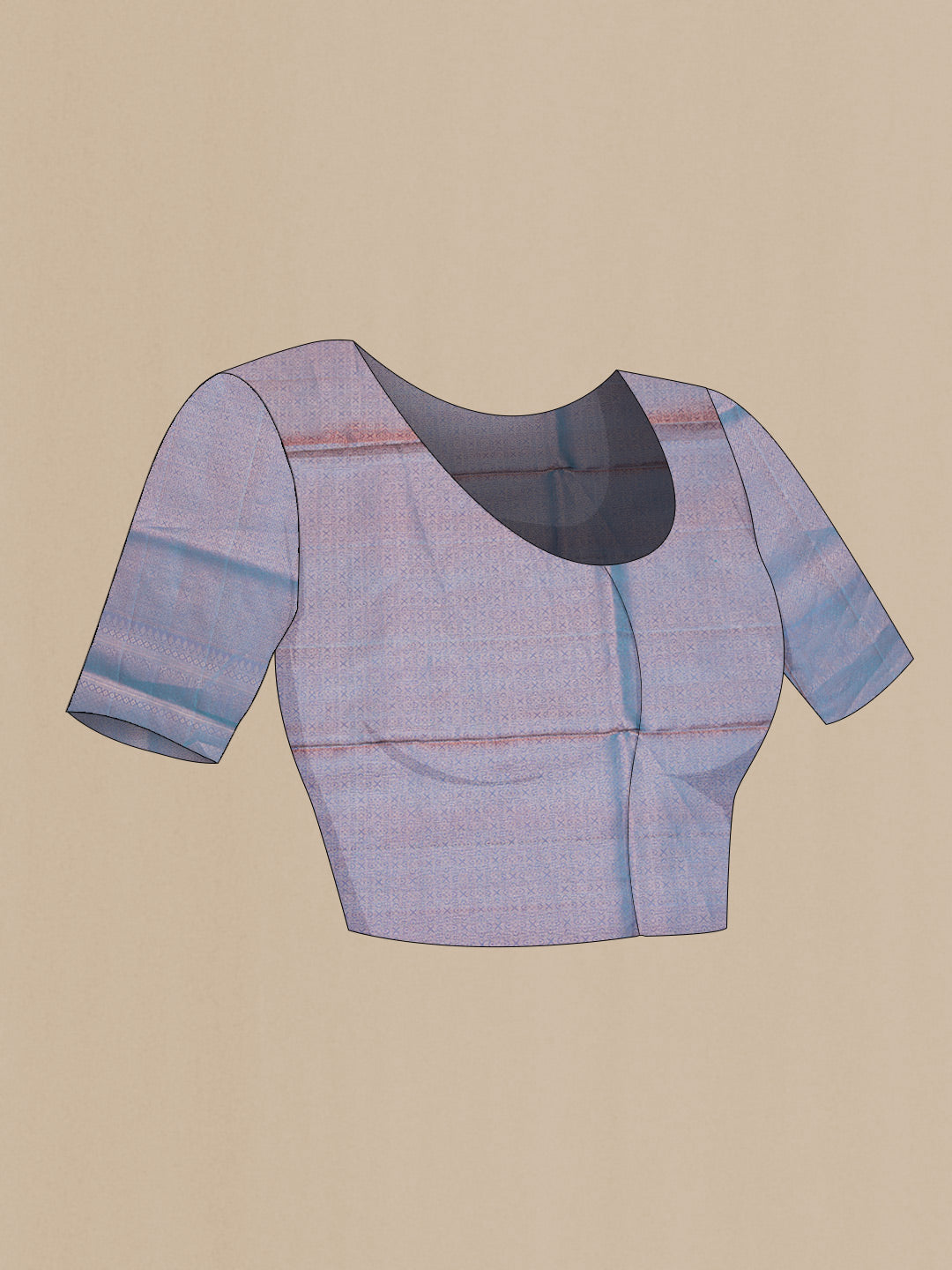 Close up image of the blouse of Peacock Blue Dual Tone Soft Silk Saree with Zari Brocade on the body and Zari Border. 