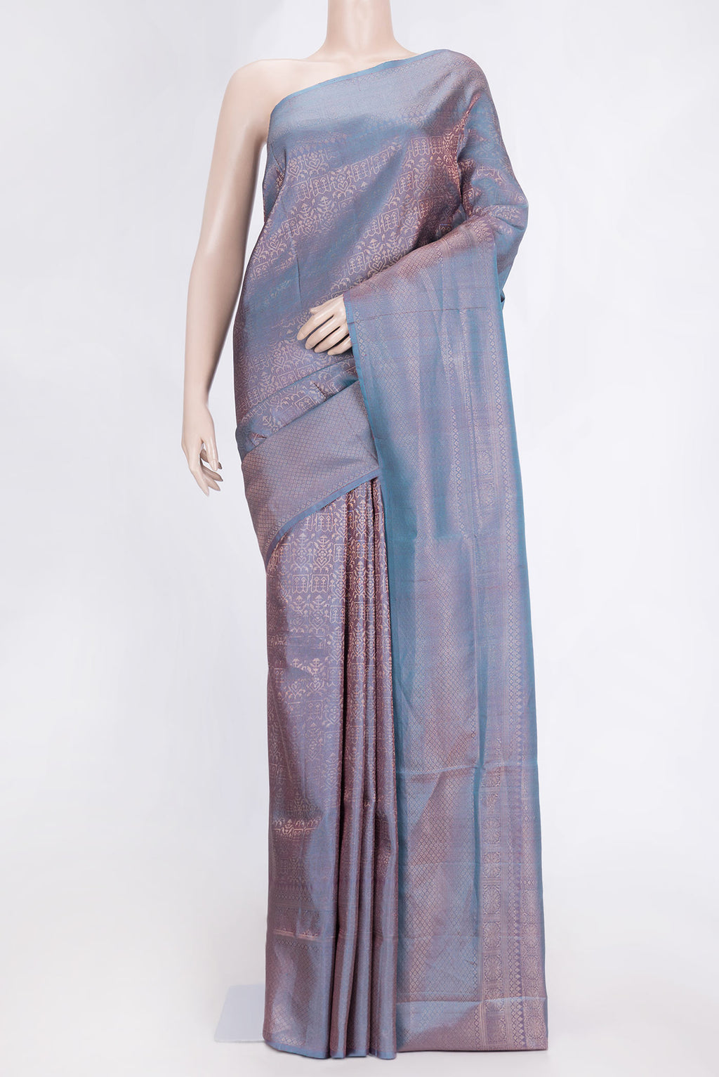 Peacock Blue Dual Tone Soft Silk Saree with Zari Brocade on the body and Zari Border.  displayed on a mannequin