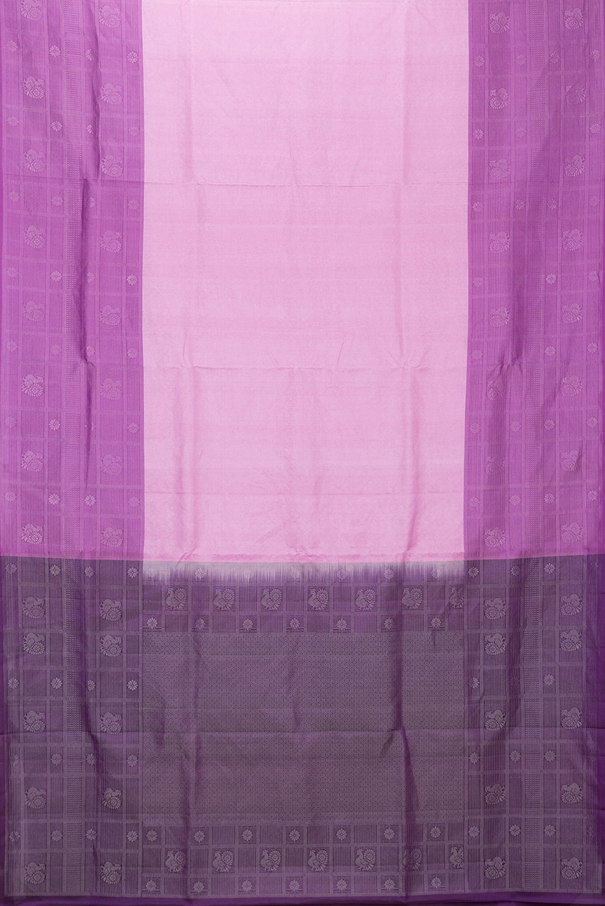 Flat view of Pink Dual Tone Soft Silk Saree with Zari Brocade on the body and Zari Border. 