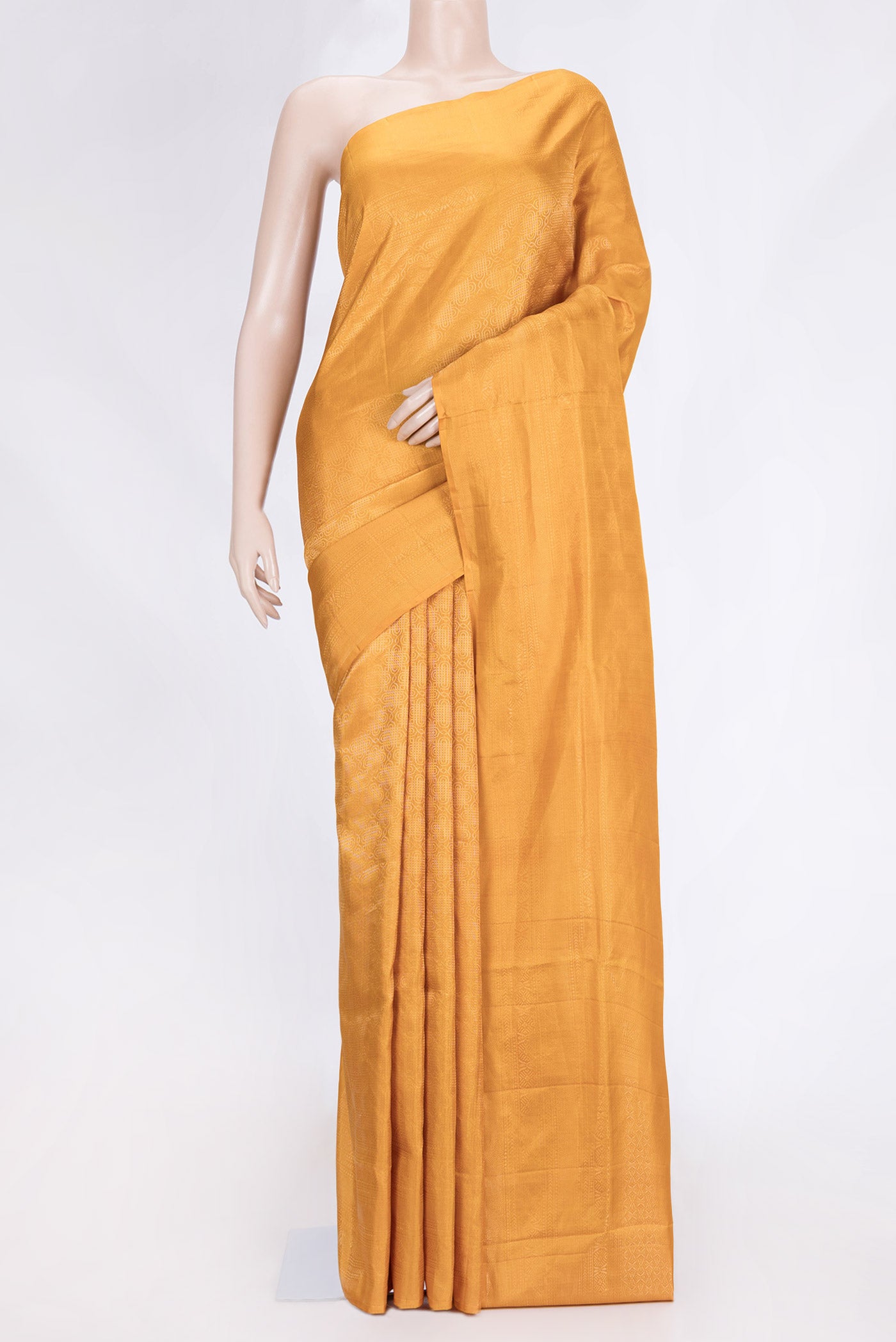 Mustard Dual Tone Soft Silk Saree with Zari Brocade on the body and Zari Border.  displayed on a mannequin