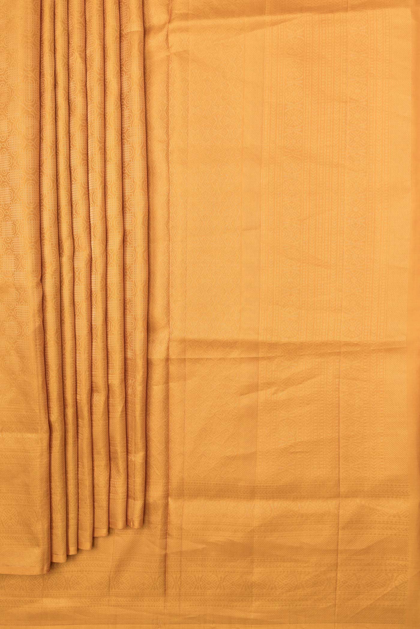 Pleats and pallu of Mustard Dual Tone Soft Silk Saree with Zari Brocade on the body and Zari Border. 