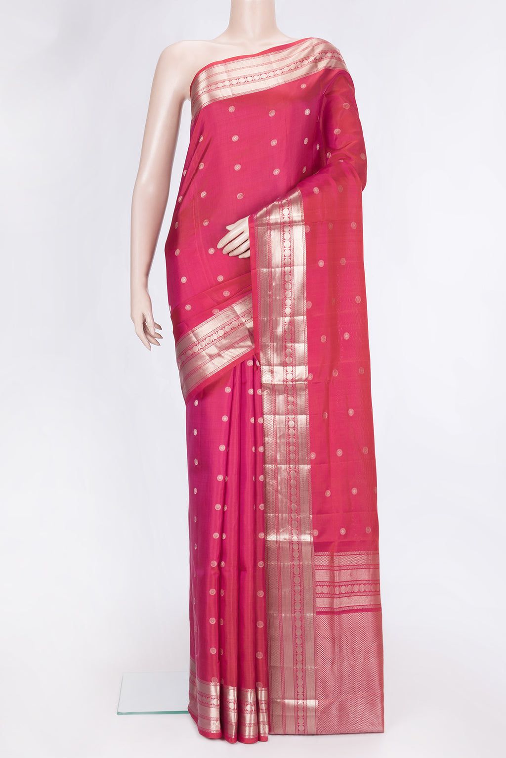 Dark Pink Dual Tone Soft Silk Saree with Zari Butta on the body and Zari Border.  displayed on a mannequin
