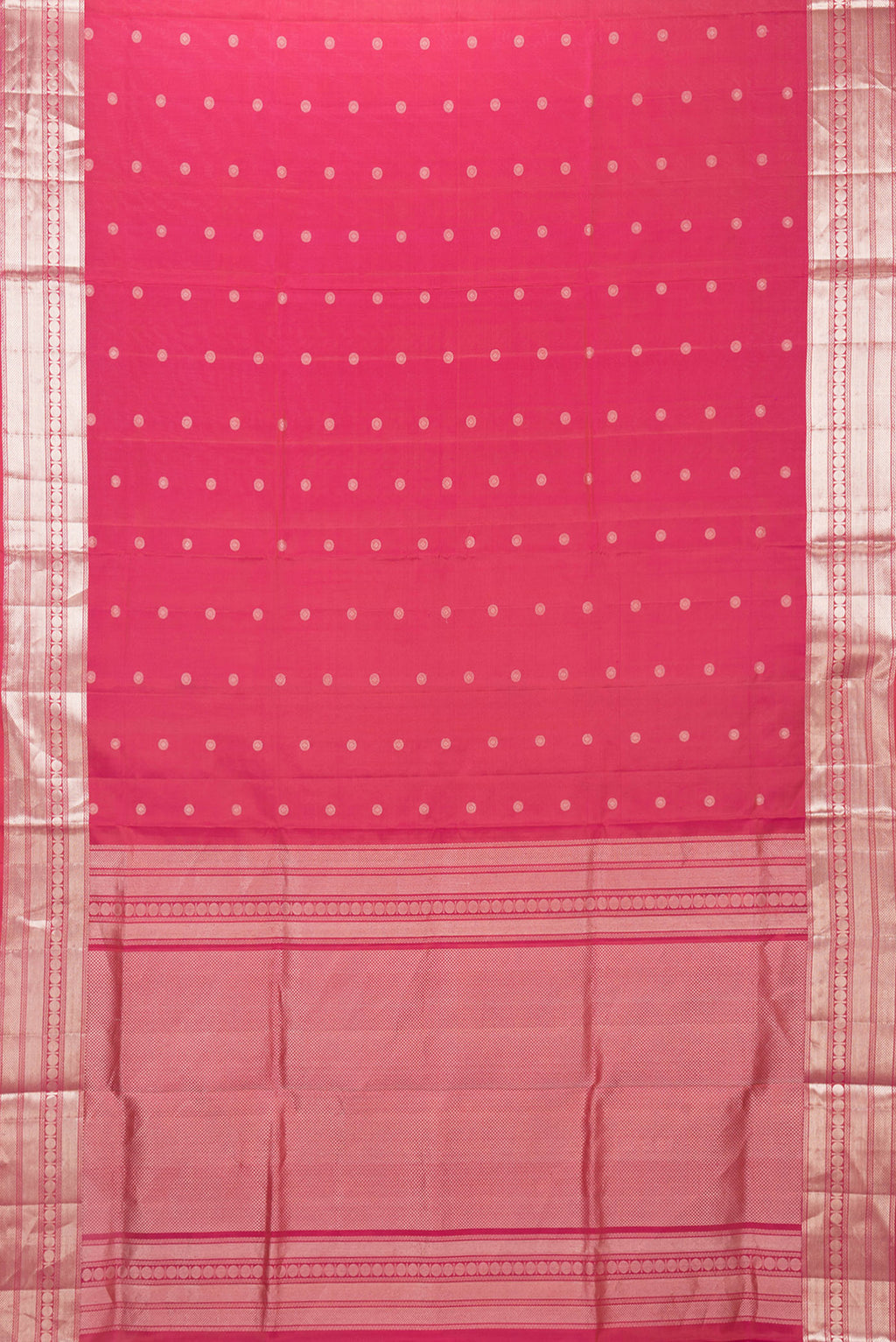 Flat view of Dark Pink Dual Tone Soft Silk Saree with Zari Butta on the body and Zari Border. 