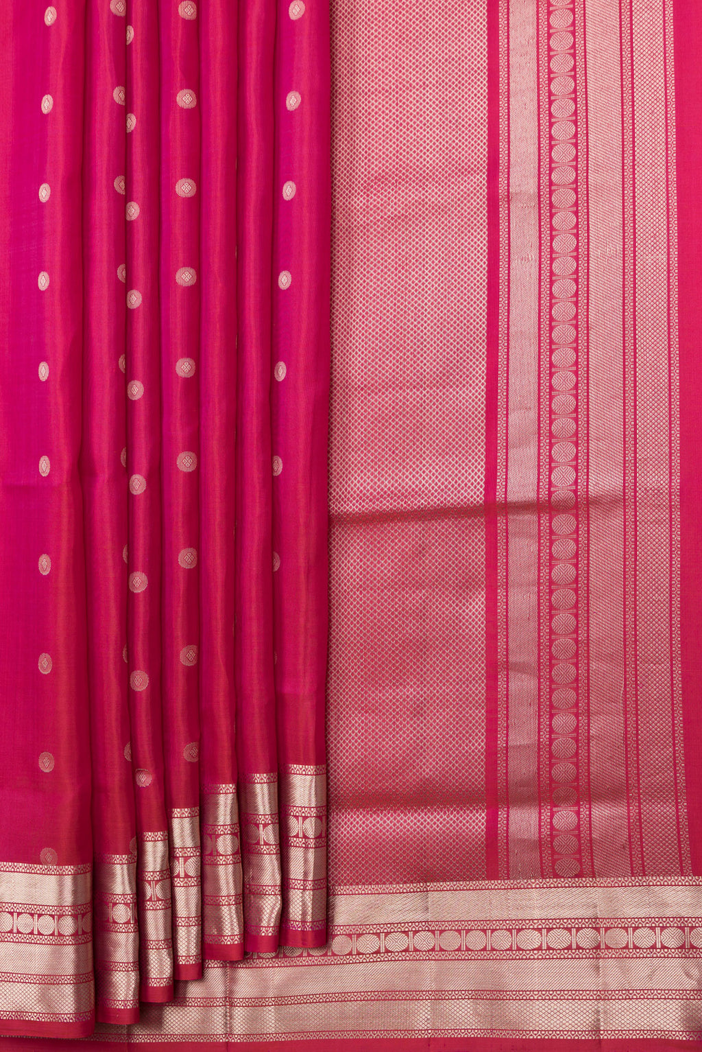 Pleats and pallu of Dark Pink Dual Tone Soft Silk Saree with Zari Butta on the body and Zari Border. 