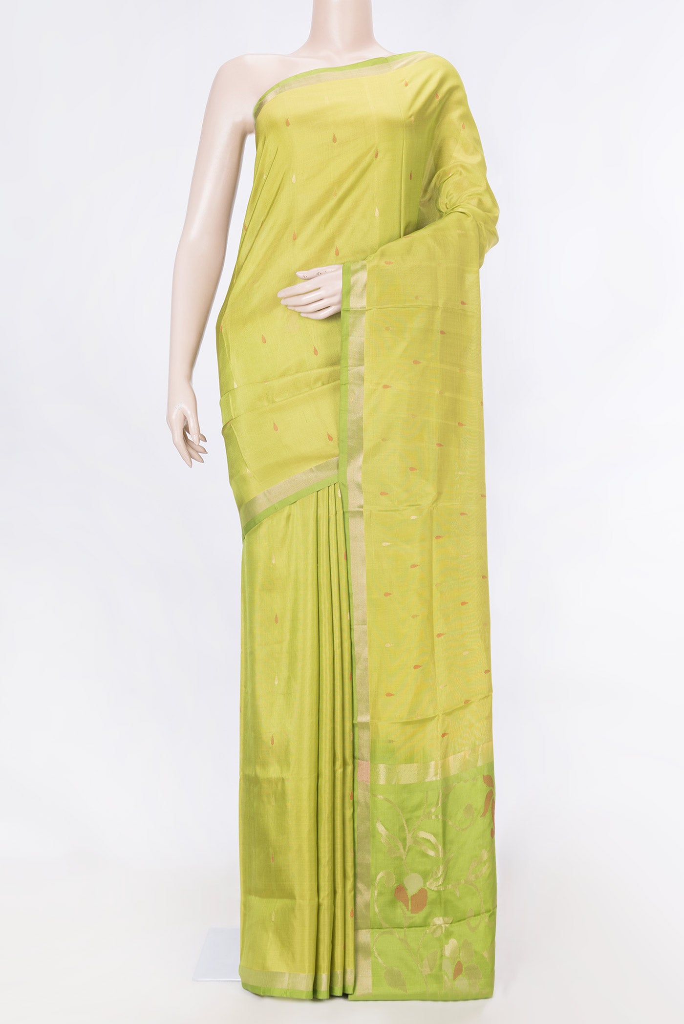 Parrot Green Dual Tone Uppada Silk Saree with Zari And Thread Butta on the body and Zari Border displayed on a mannequin