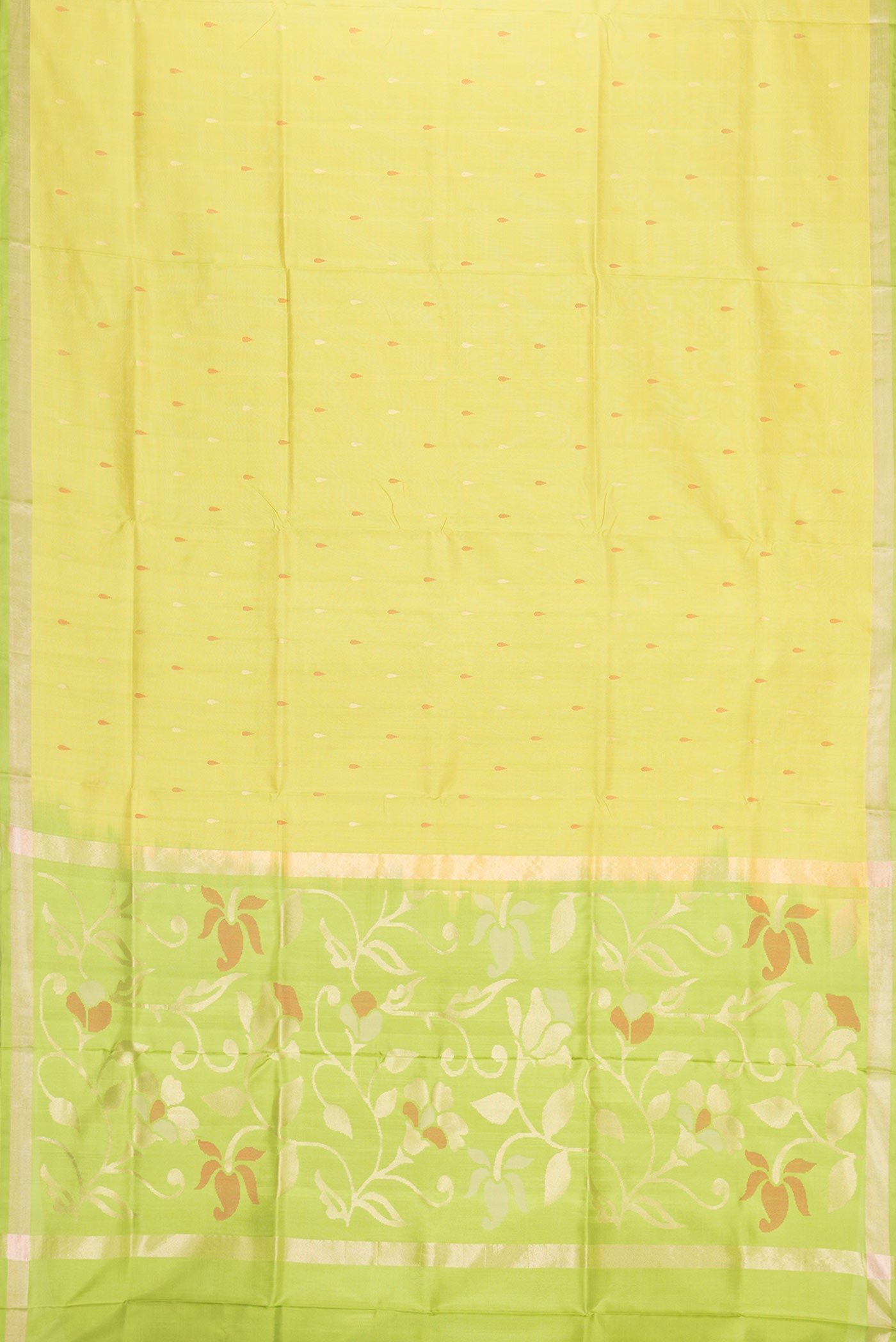 Flat view of Parrot Green Dual Tone Uppada Silk Saree with Zari And Thread Butta on the body and Zari Border