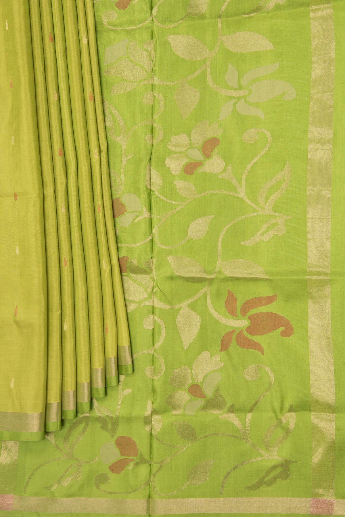 Pleats and pallu of Parrot Green Dual Tone Uppada Silk Saree with Zari And Thread Butta on the body and Zari Border