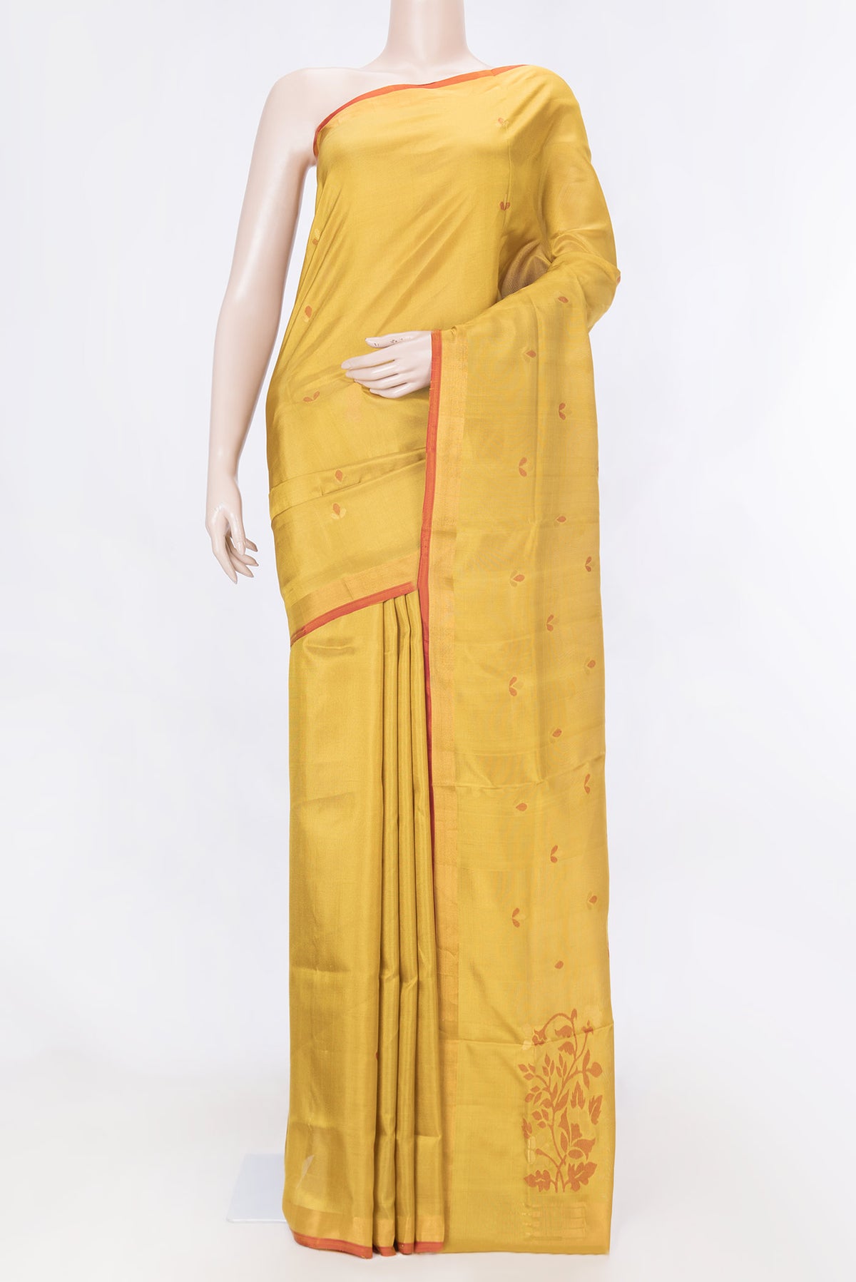 Mustard Dual Tone Uppada Silk Saree with Zari And Thread Butta on the body and Zari Border displayed on a mannequin