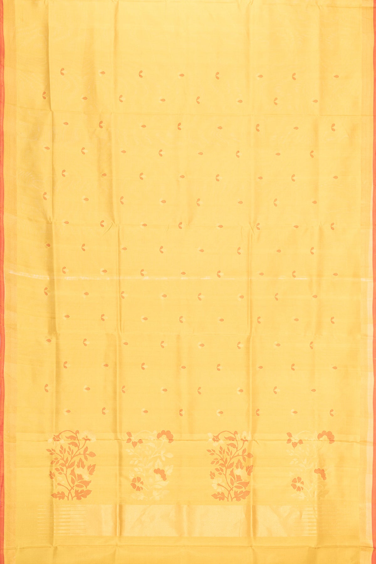 Flat view of Mustard Dual Tone Uppada Silk Saree with Zari And Thread Butta on the body and Zari Border