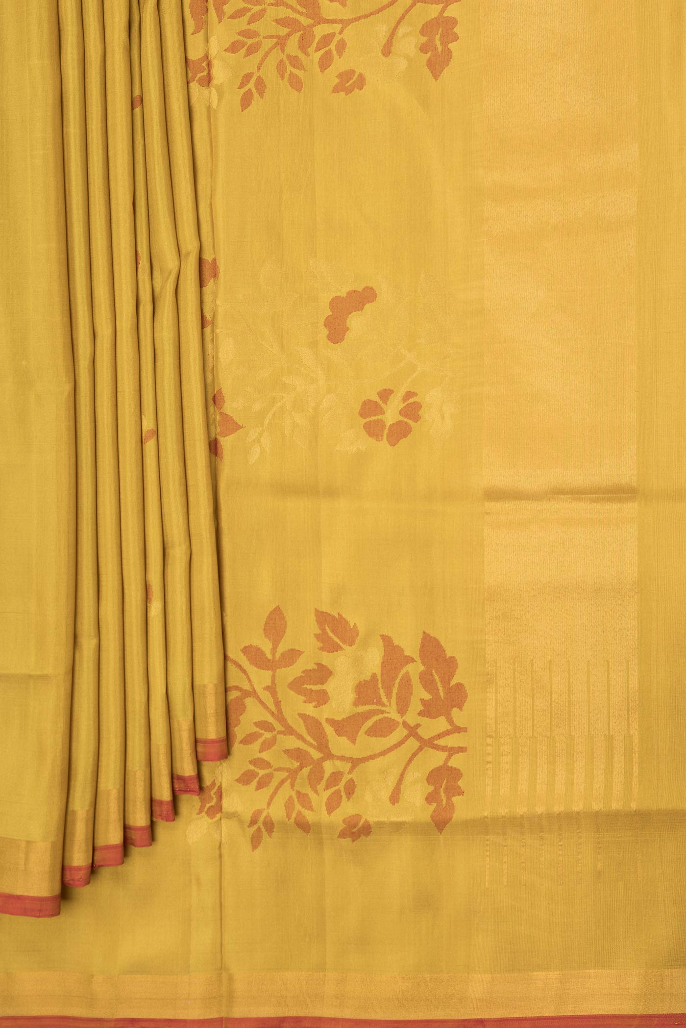 Pleats and pallu of Mustard Dual Tone Uppada Silk Saree with Zari And Thread Butta on the body and Zari Border