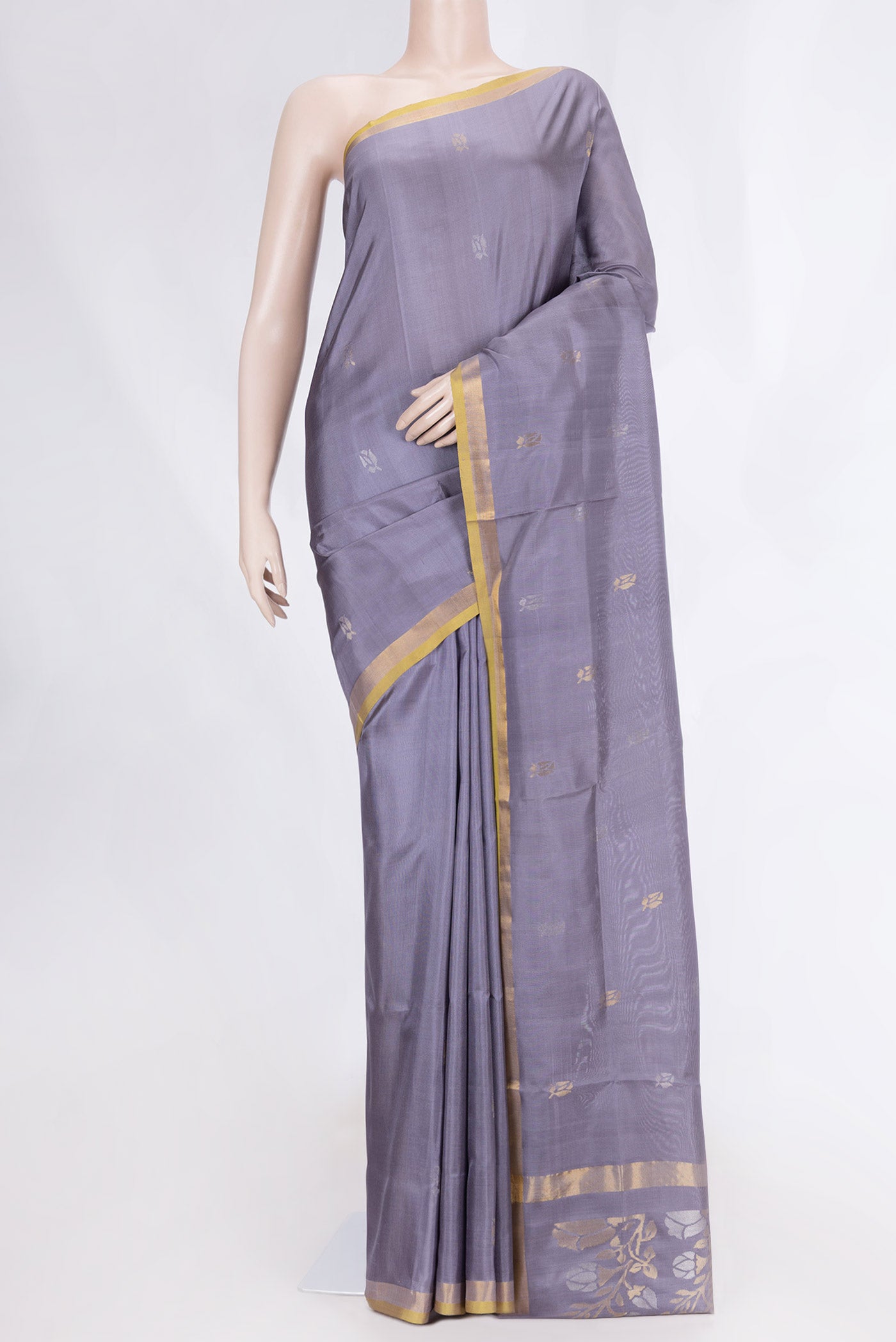 Grey Dual Tone Uppada Silk Saree with Zari Butta on the body and Zari Border displayed on a mannequin