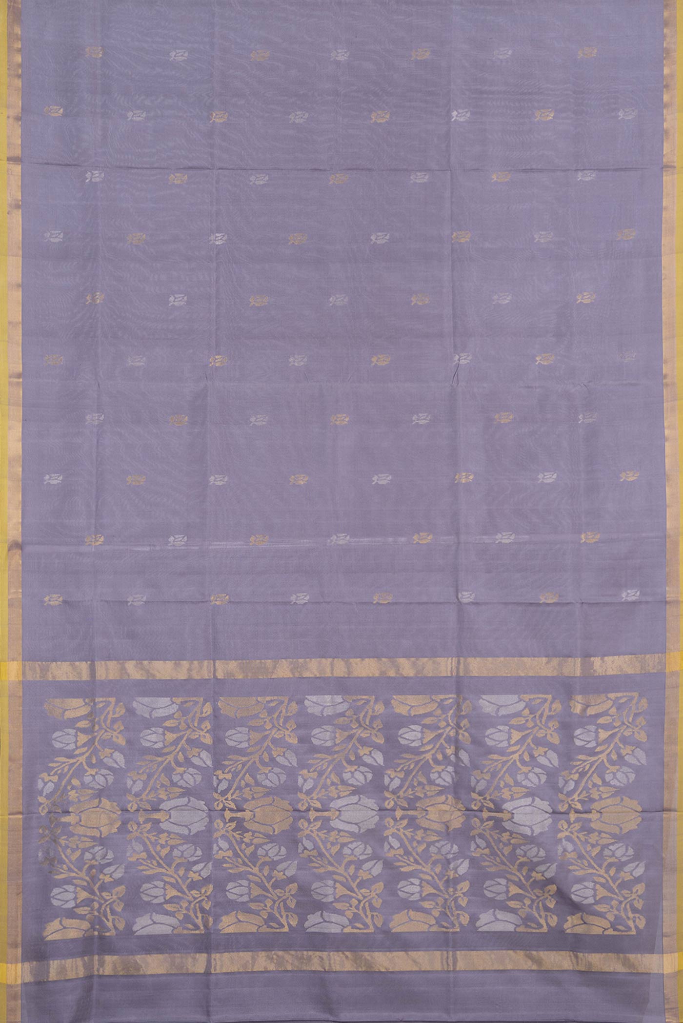 Flat view of Grey Dual Tone Uppada Silk Saree with Zari Butta on the body and Zari Border