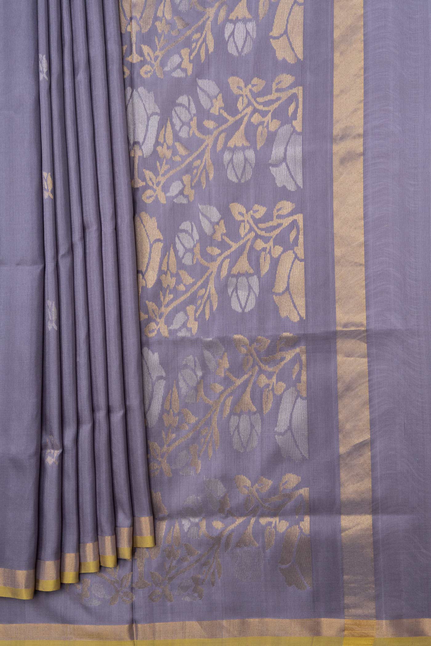 Pleats and pallu of Grey Dual Tone Uppada Silk Saree with Zari Butta on the body and Zari Border