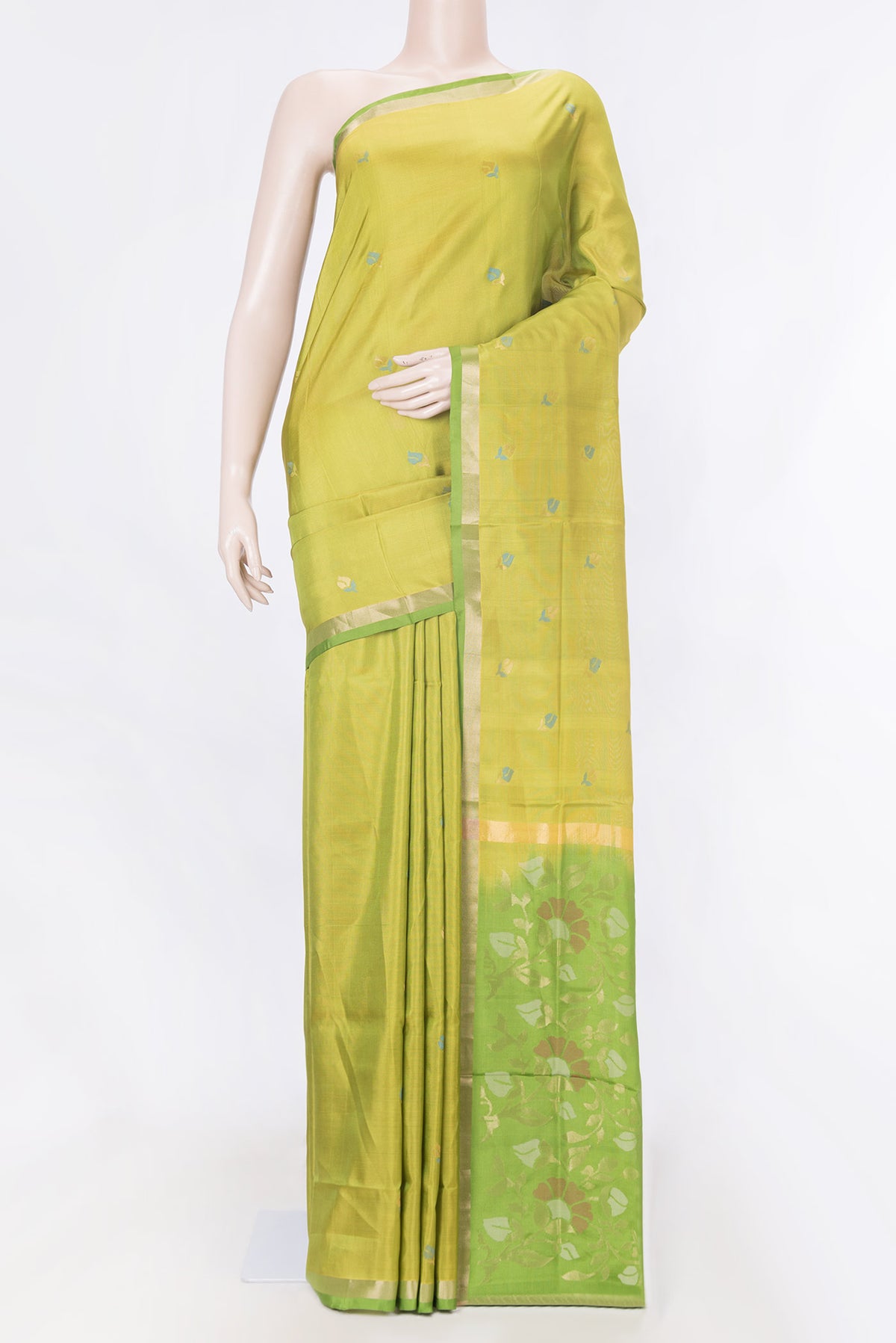 Parrot Green Dual Tone Uppada Silk Saree with Zari And Thread Butta on the body and Zari Border displayed on a mannequin