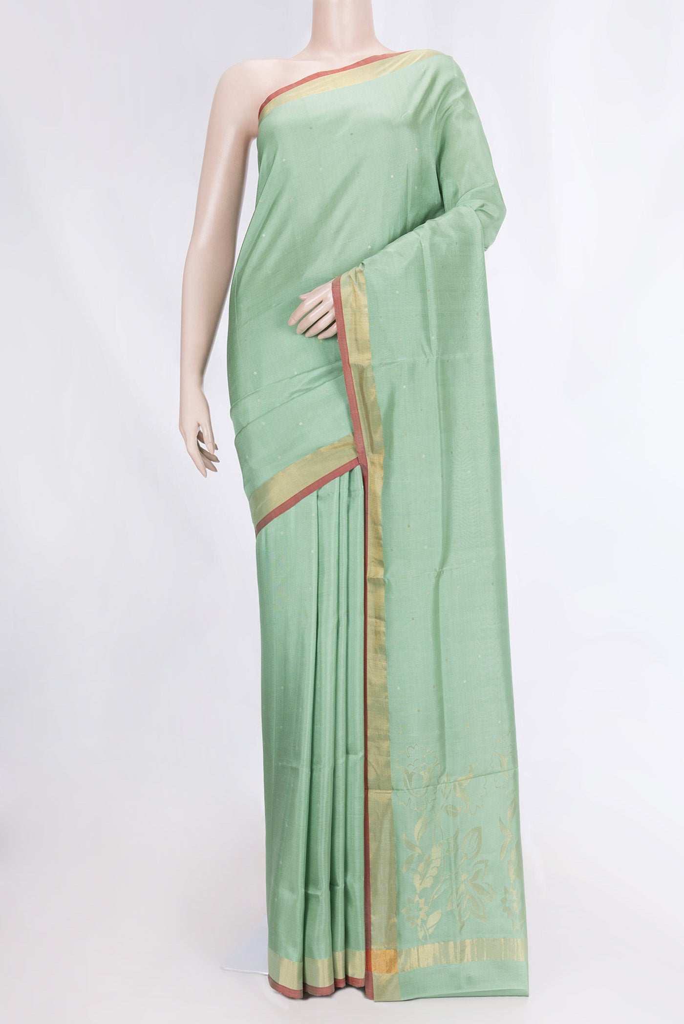 Pista Green Dual Tone Uppada Silk Saree with Zari Butta on the body and Zari Border displayed on a mannequin