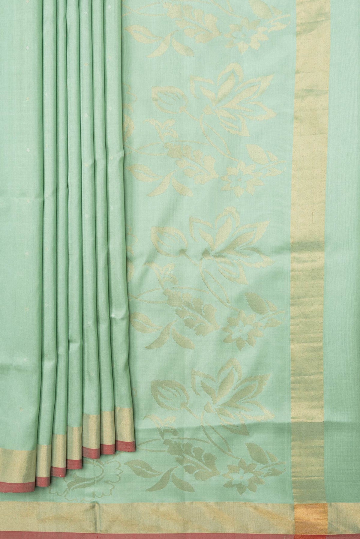 Pleats and pallu of Pista Green Dual Tone Uppada Silk Saree with Zari Butta on the body and Zari Border
