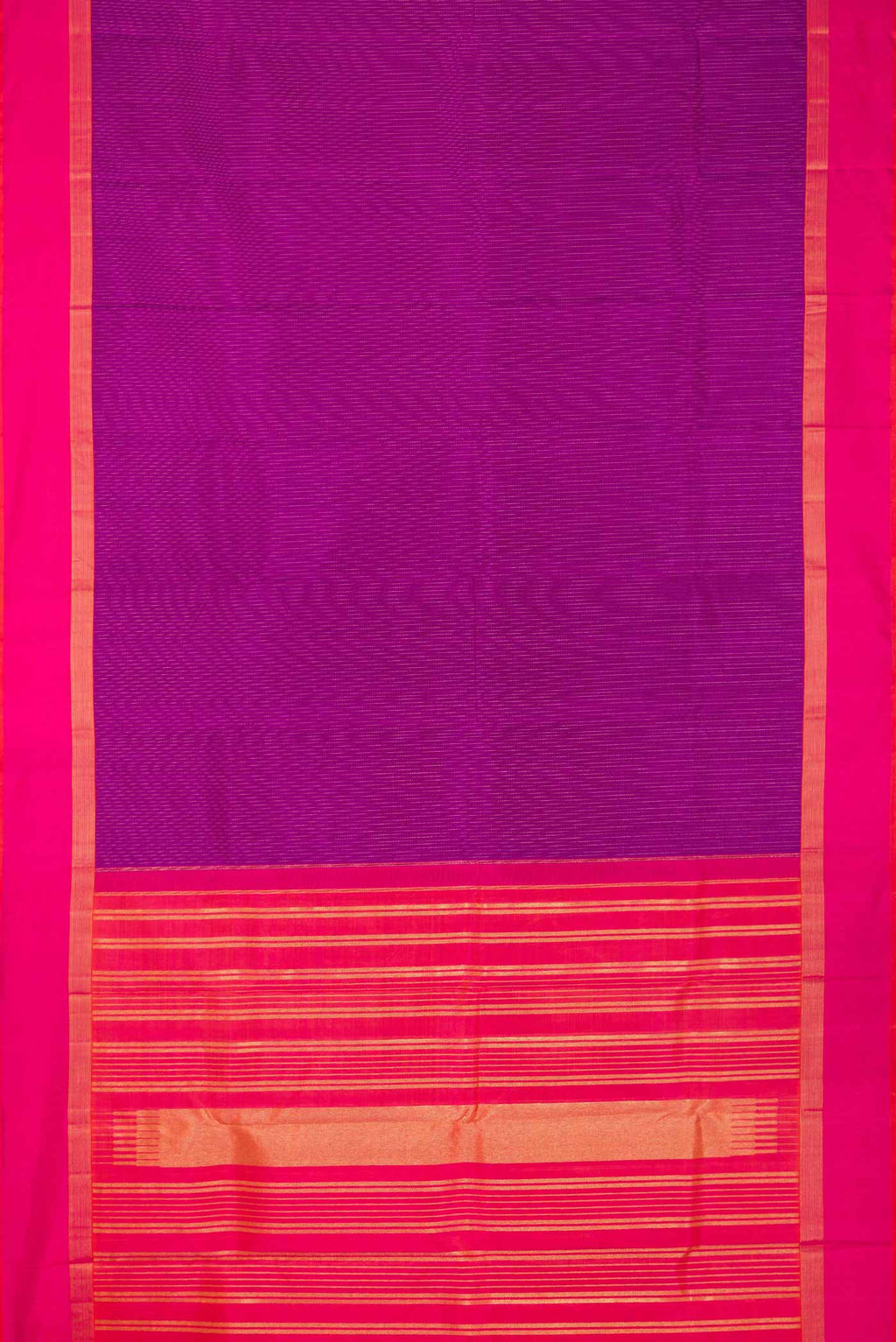 Flat view of Magenta Dual Tone Kanchipuram Saree with Stripes on the body and Zari Border