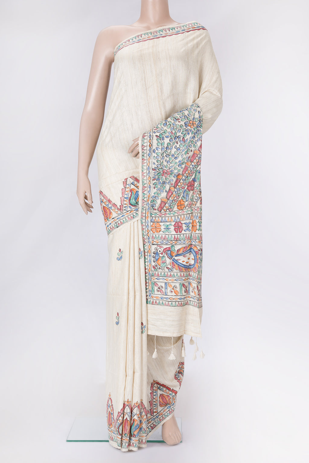 Beige Dual Tone Tussar Silk Saree with Plain Body and Fancy Border.  displayed on a mannequin