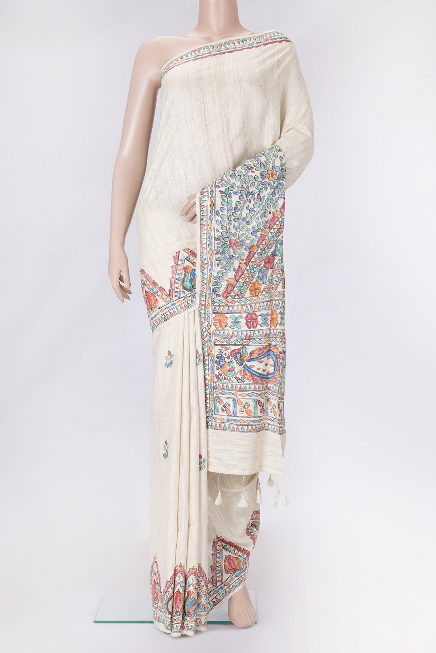 Beige Dual Tone Tussar Silk Saree with Plain Body and Fancy Border.  displayed on a mannequin