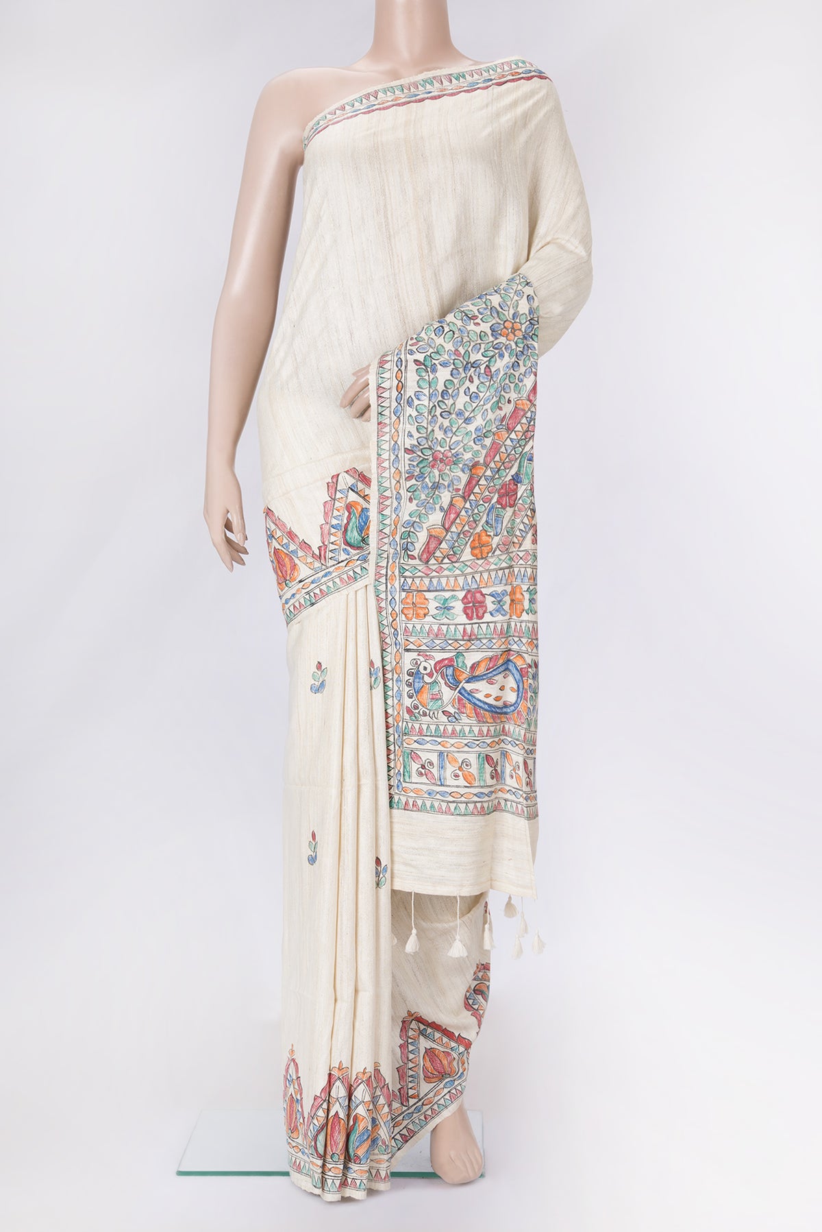 Beige Dual Tone Tussar Silk Saree with Plain Body and Fancy Border.  displayed on a mannequin