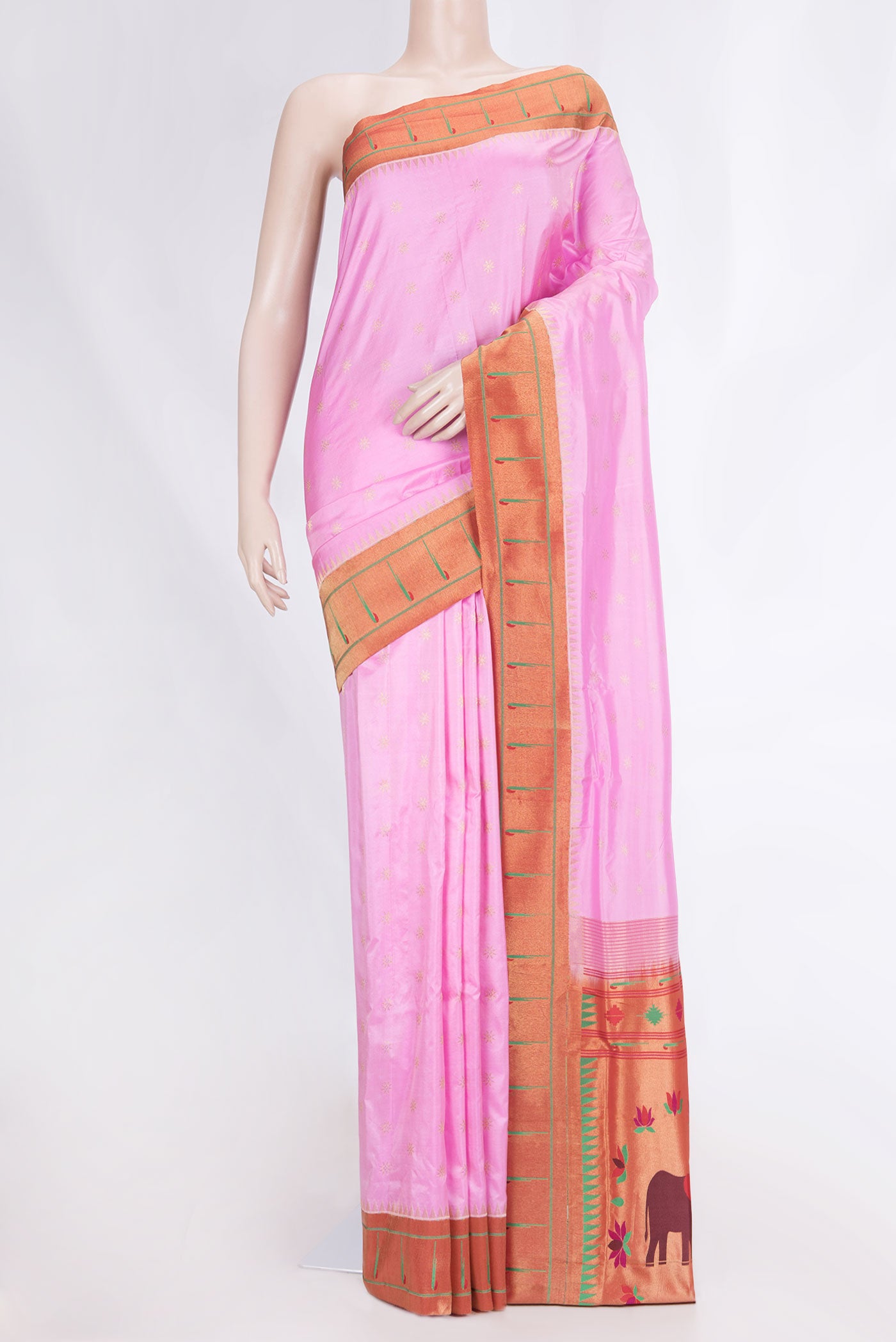 Pink Dual Tone Paithani Silk Saree with Zari Butta on the body and Paithani Border displayed on a mannequin