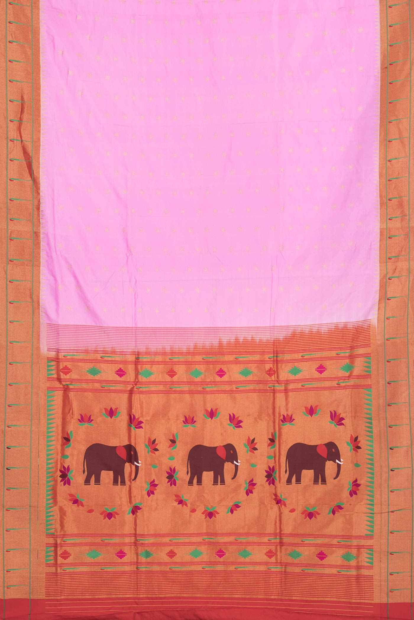 Flat view of Pink Dual Tone Paithani Silk Saree with Zari Butta on the body and Paithani Border
