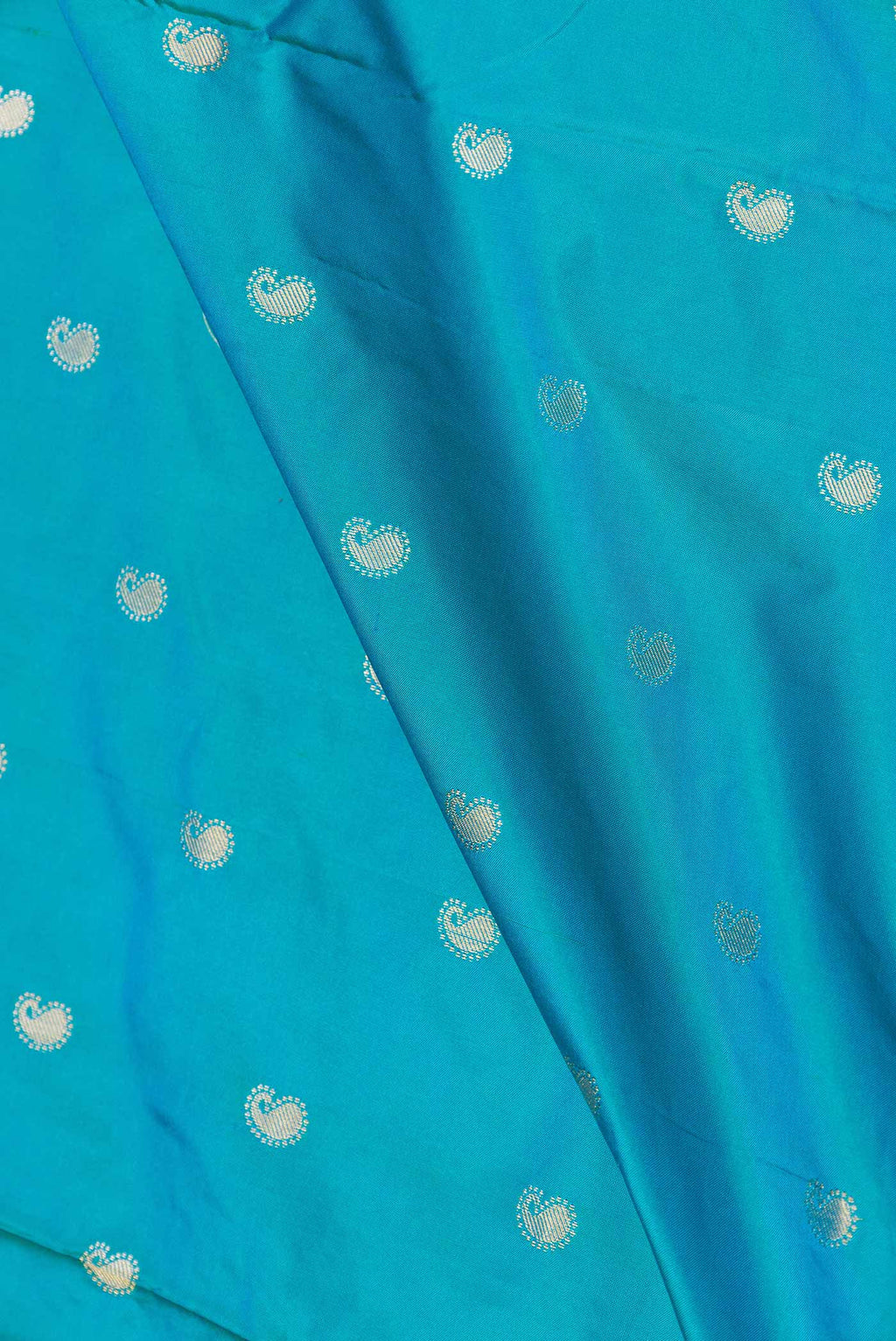 Close up of Sky Blue Dual Tone Paithani Silk Saree with Zari Butta on the body and Paithani Border displaying folds